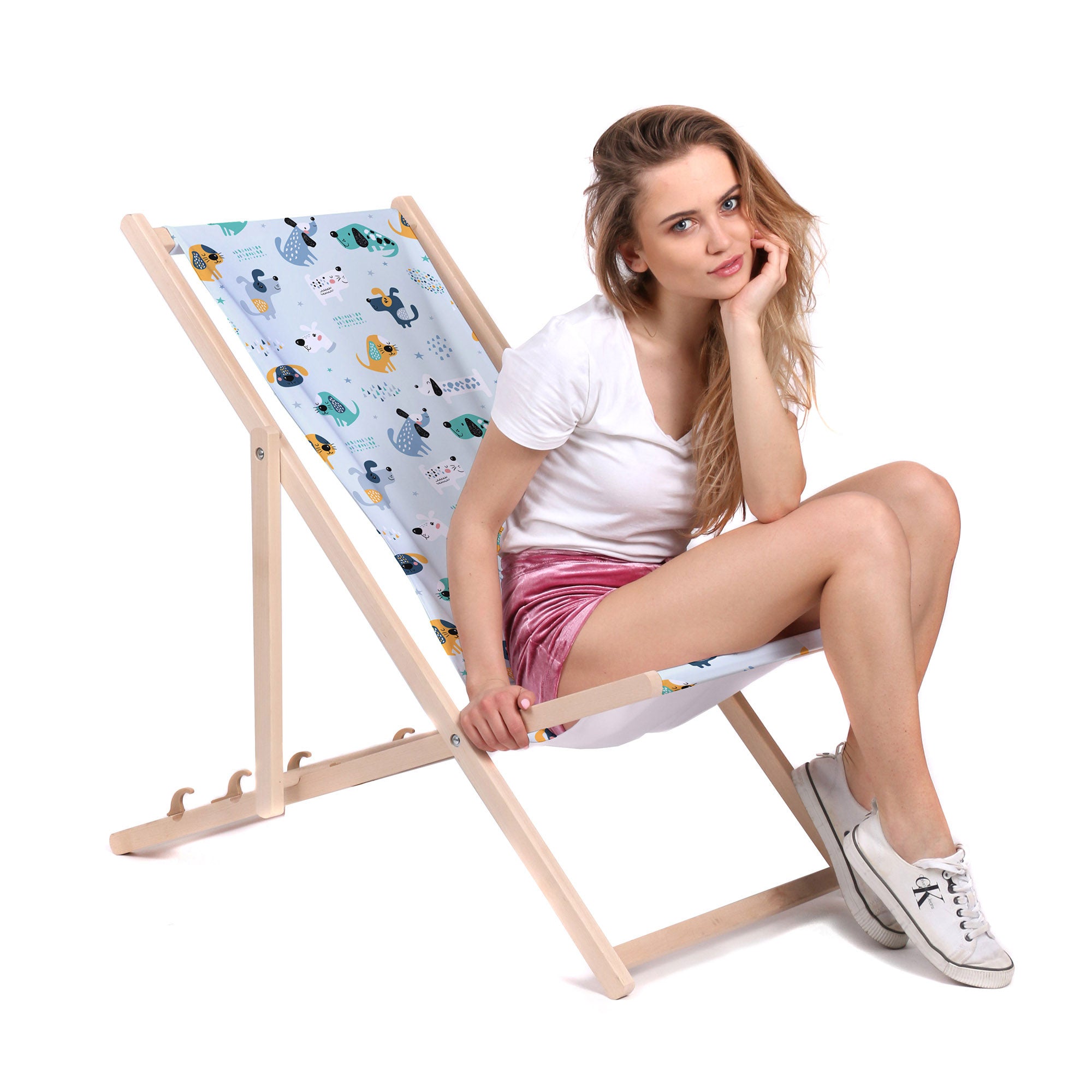 Wooden Deck Chair Cartoon Colorful Dogs-M