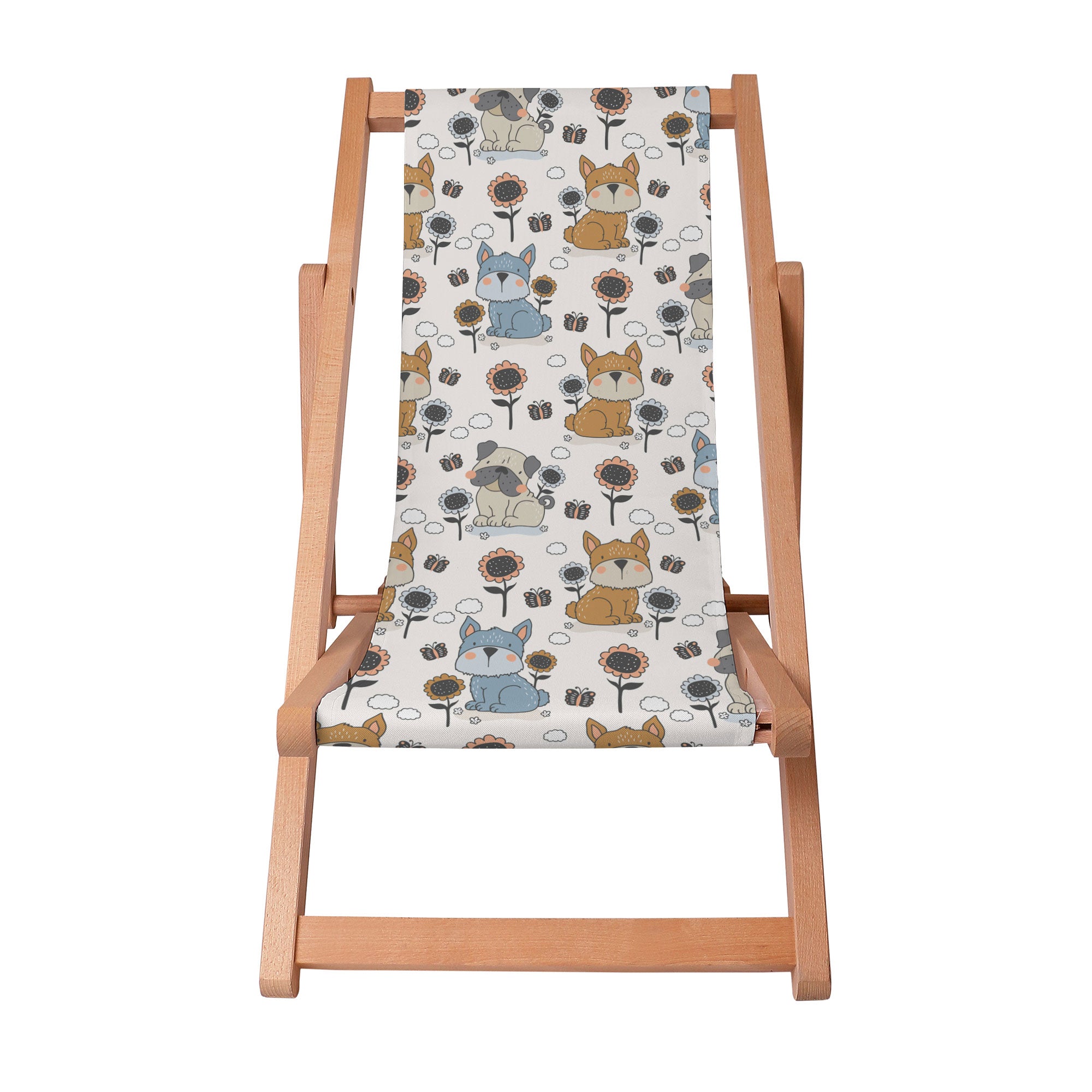 Wooden Deck Chair Dogs and Flowers