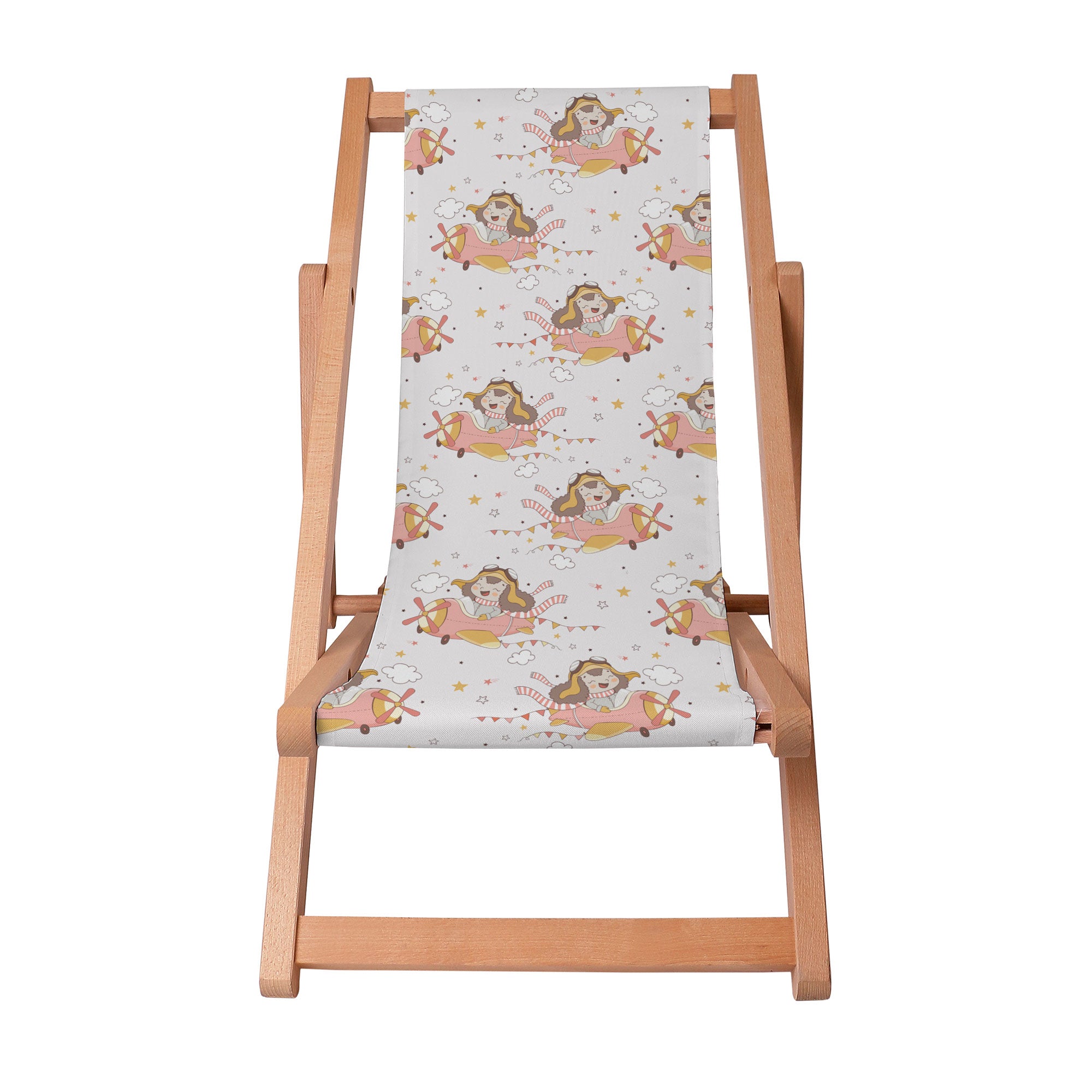 Wooden Deck Chair Happy Girl in the Plane