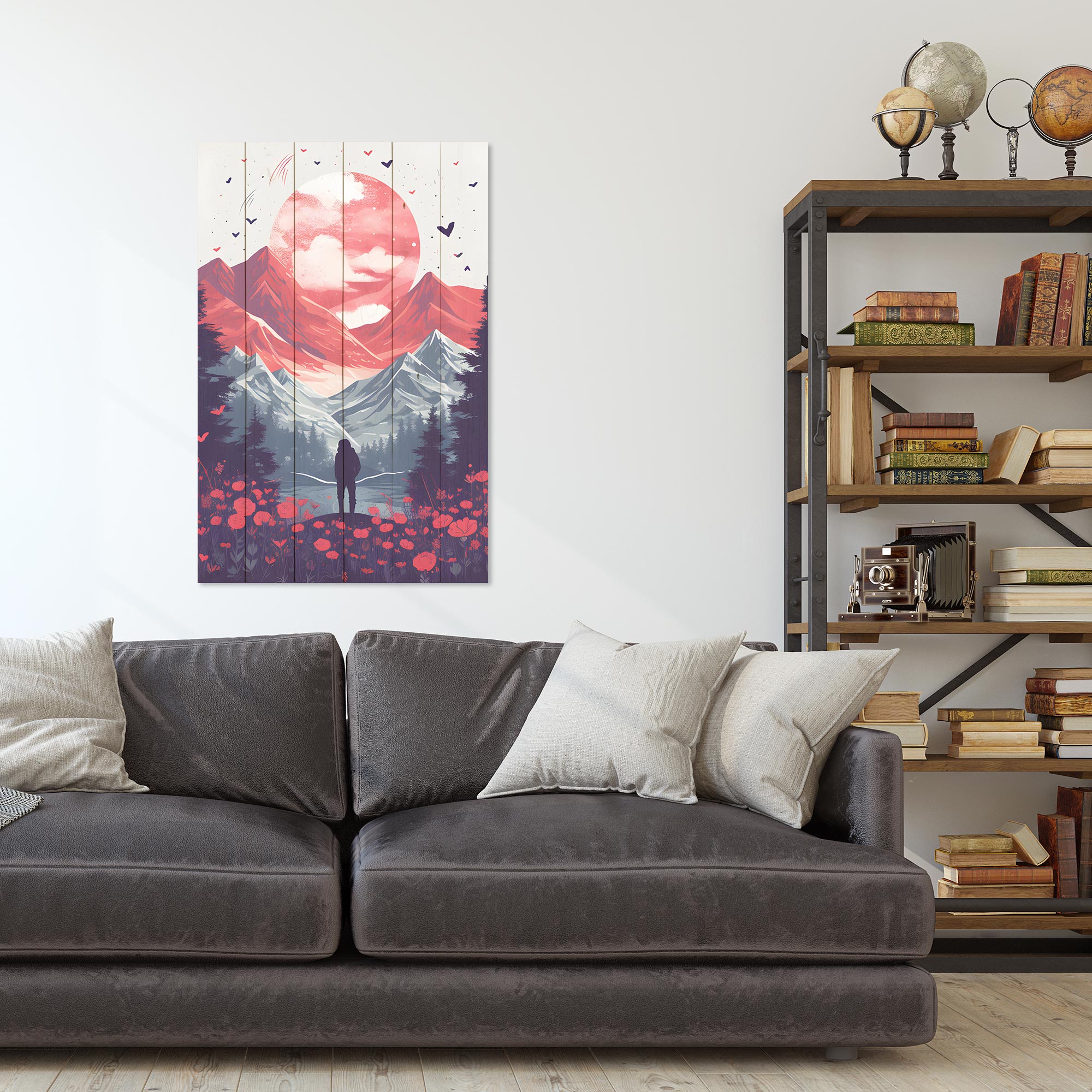 Obraz Wood Pink Moon over Mountains-50x70 cm