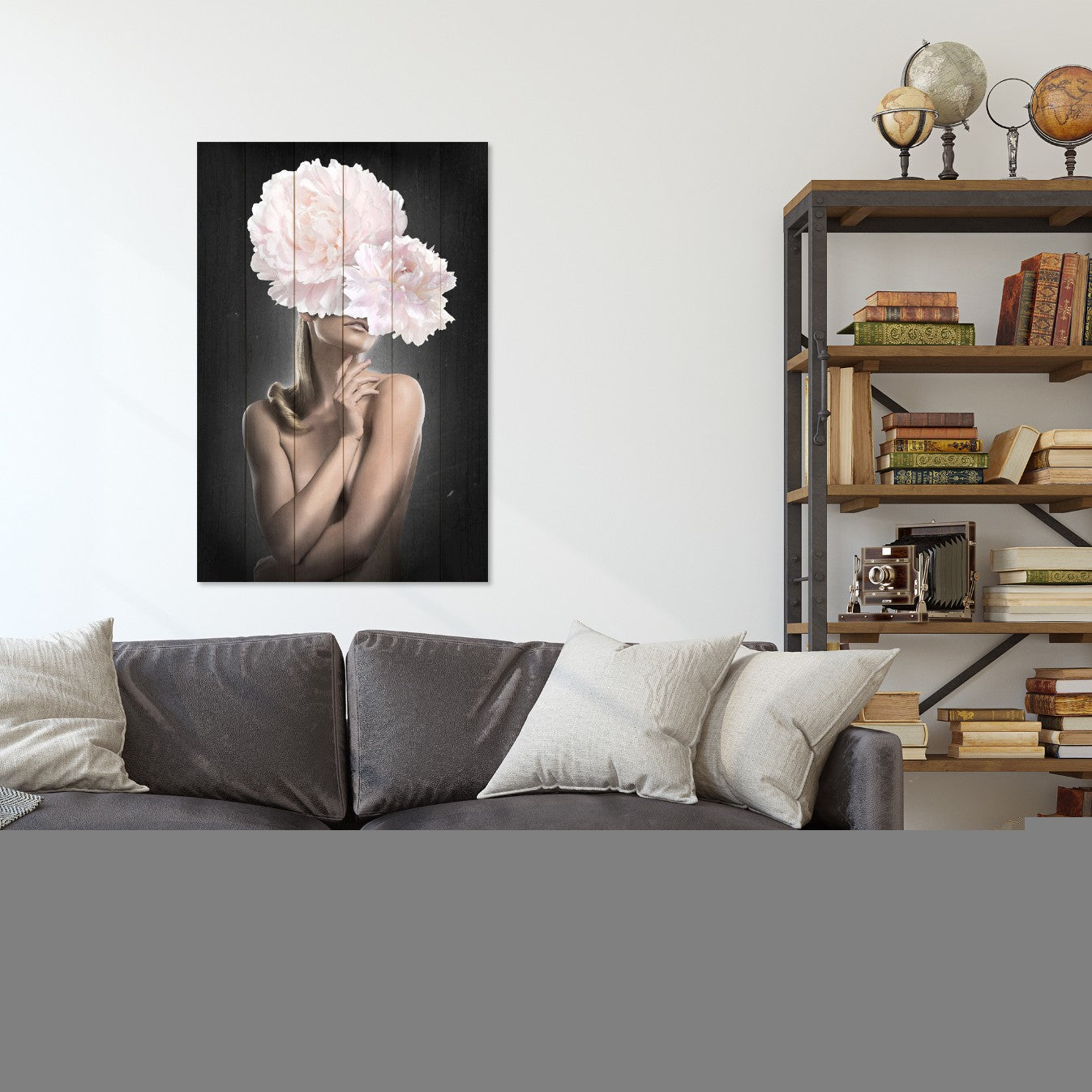 Obraz Wood Woman with Pink Peonies-70x90 cm