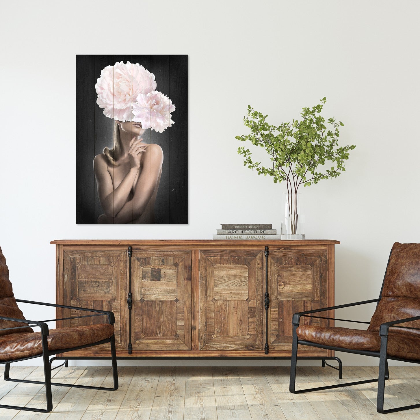 Obraz Wood Woman with Pink Peonies-70x90 cm