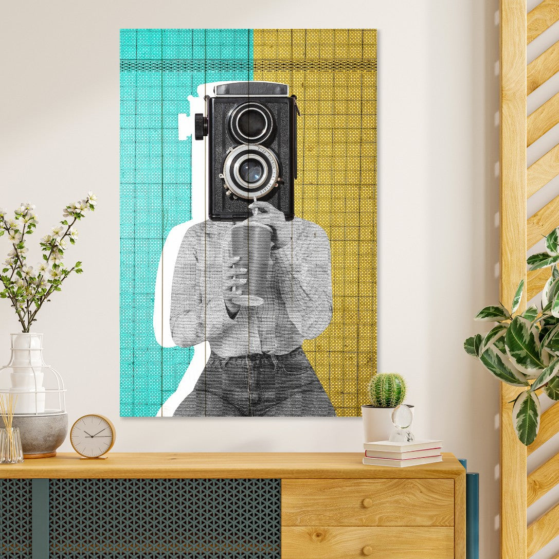 Wood Picture Woman with a Vintage Camera-20x30 cm