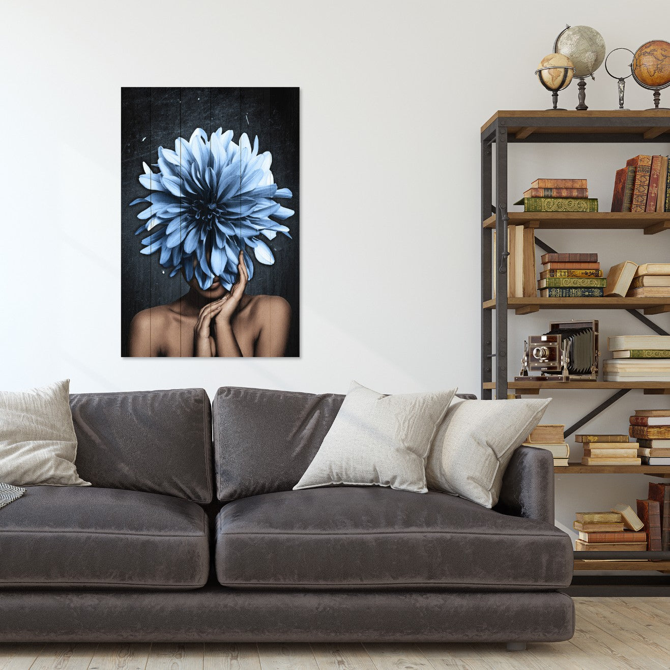 Obraz Wood Woman with a Large Blue Flowers