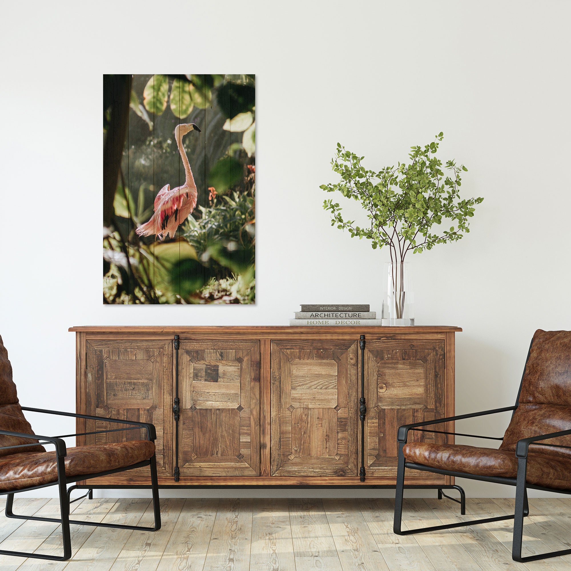Obraz Wood Tropical Flamingo