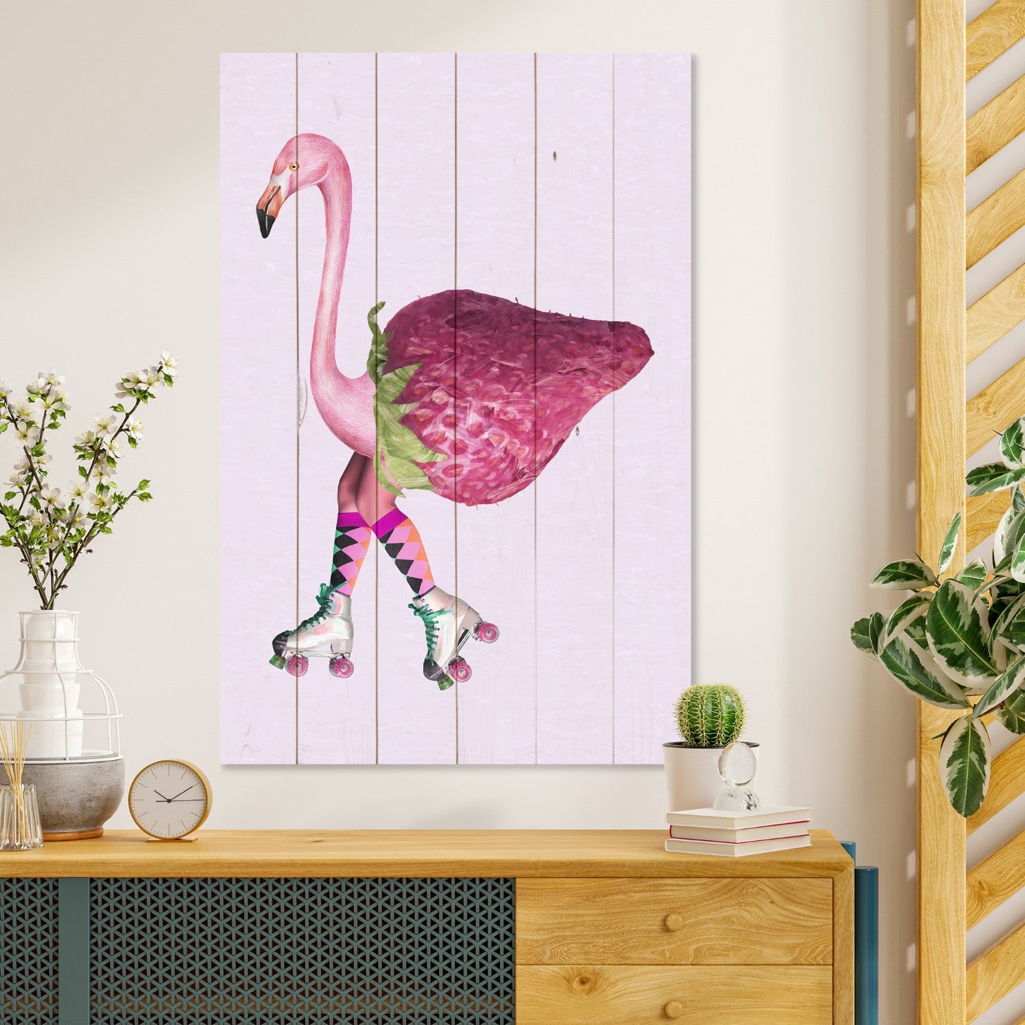 Obraz Wood Pink Flamingo with Strawberry-50x70 cm