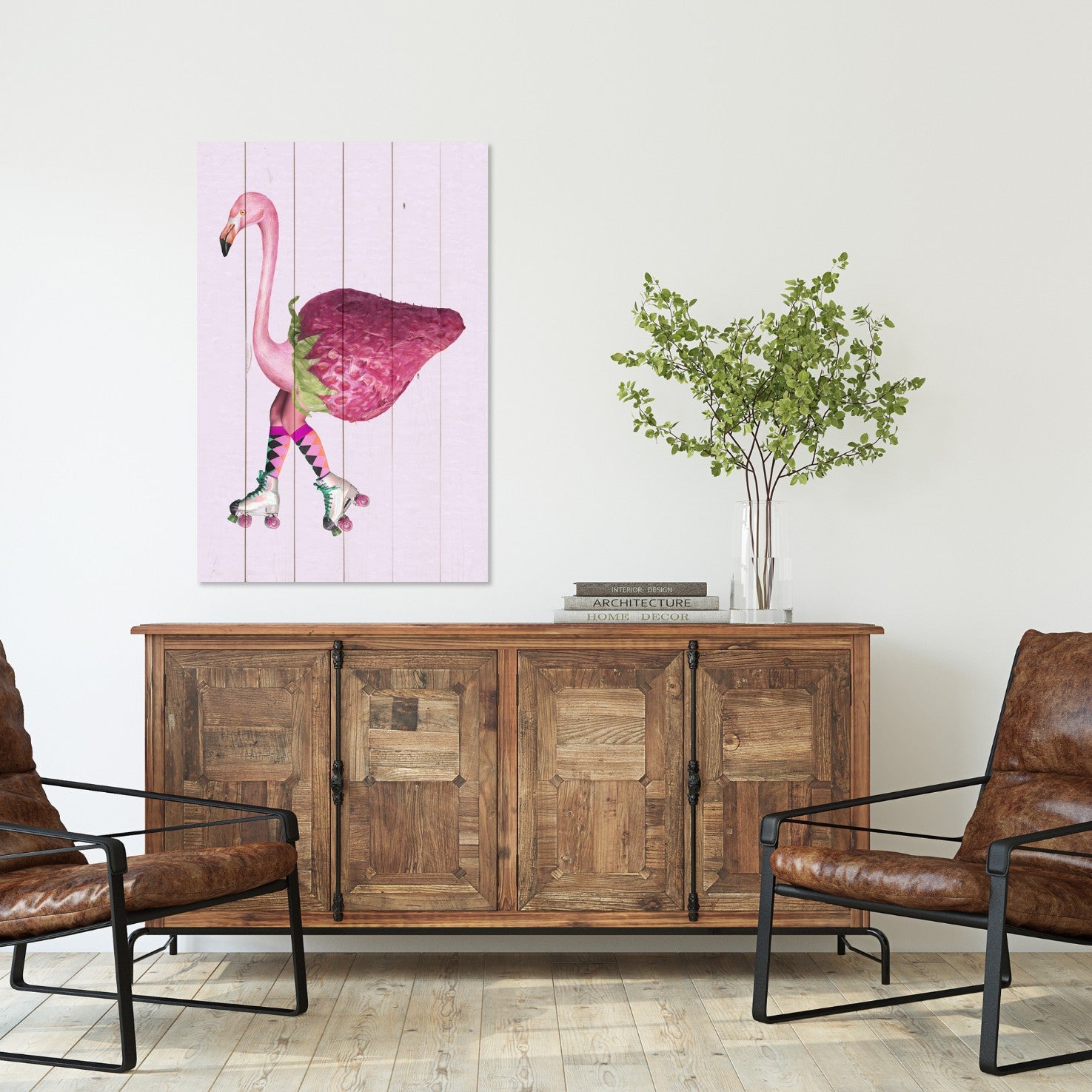 Obraz Wood Pink Flamingo with Strawberry-50x70 cm