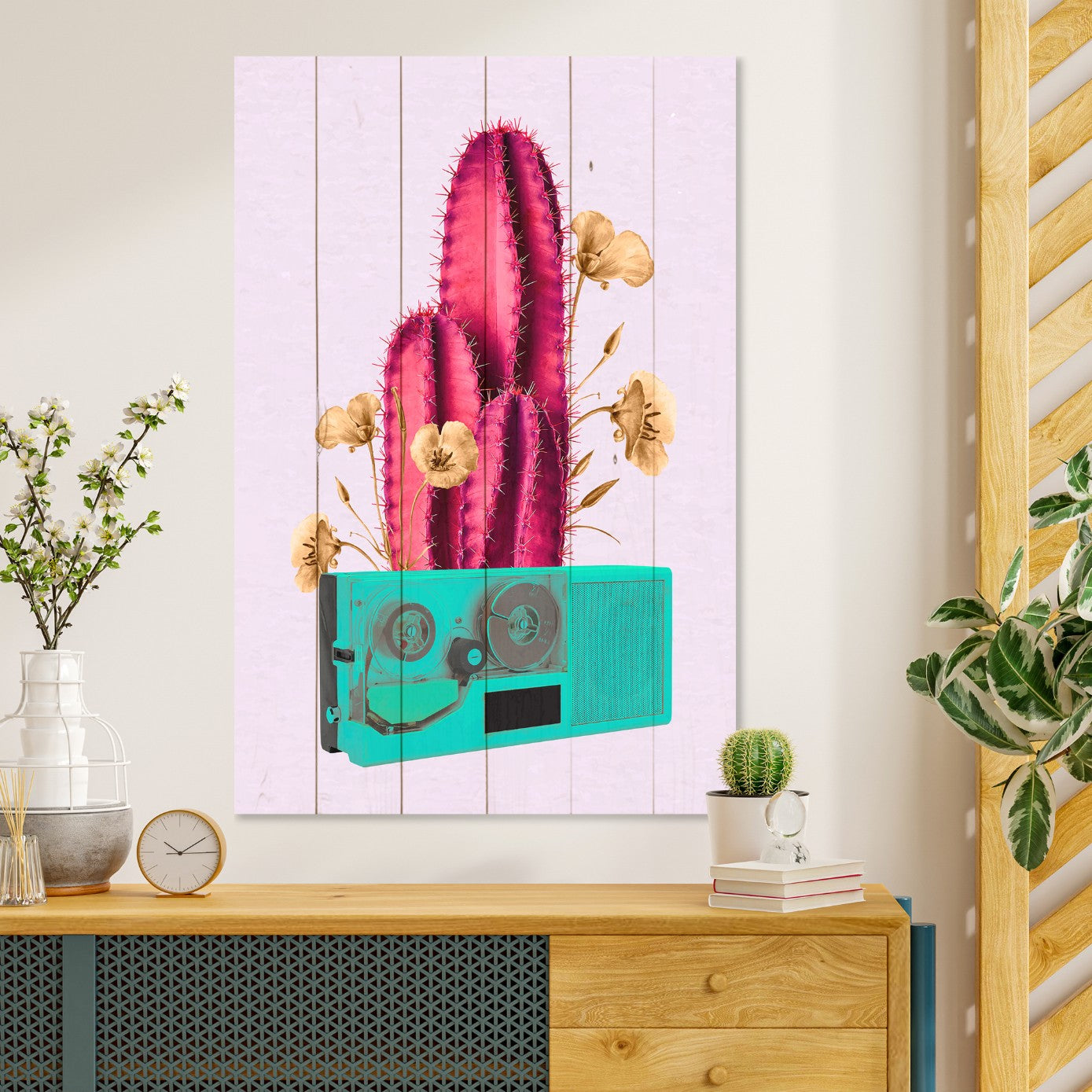Wood Picture Retro Pink Cactus on Radio-20x30 cm