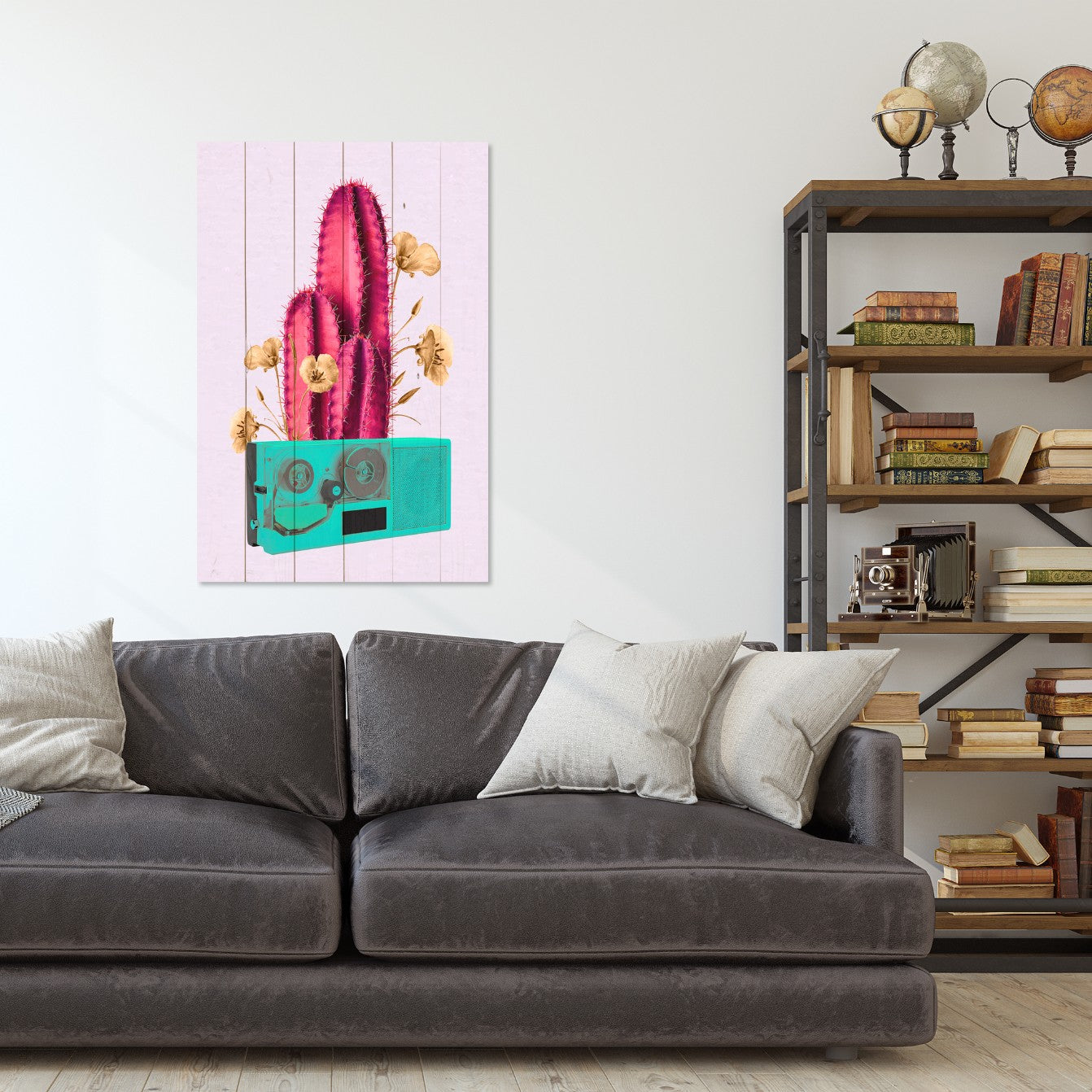 Wood Picture Retro Pink Cactus on Radio-40x60 cm