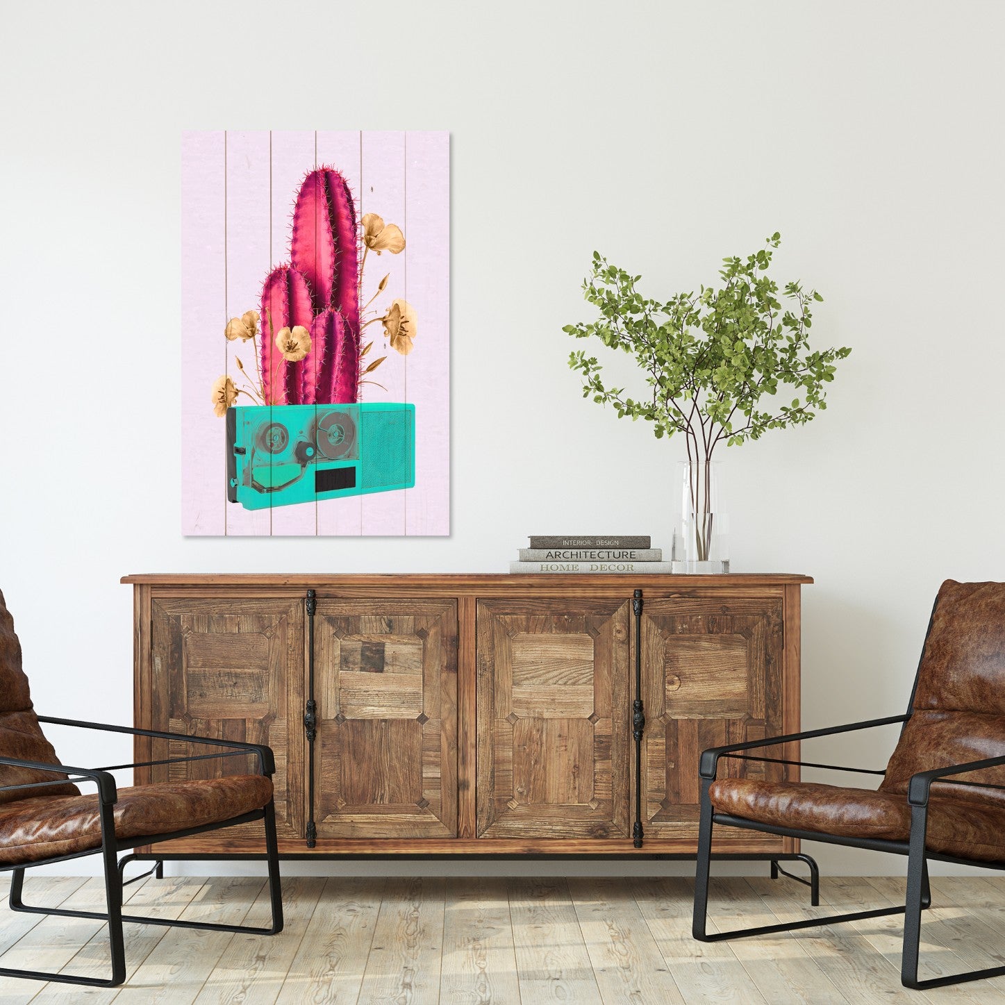 Wood Picture Retro Pink Cactus on Radio-20x30 cm