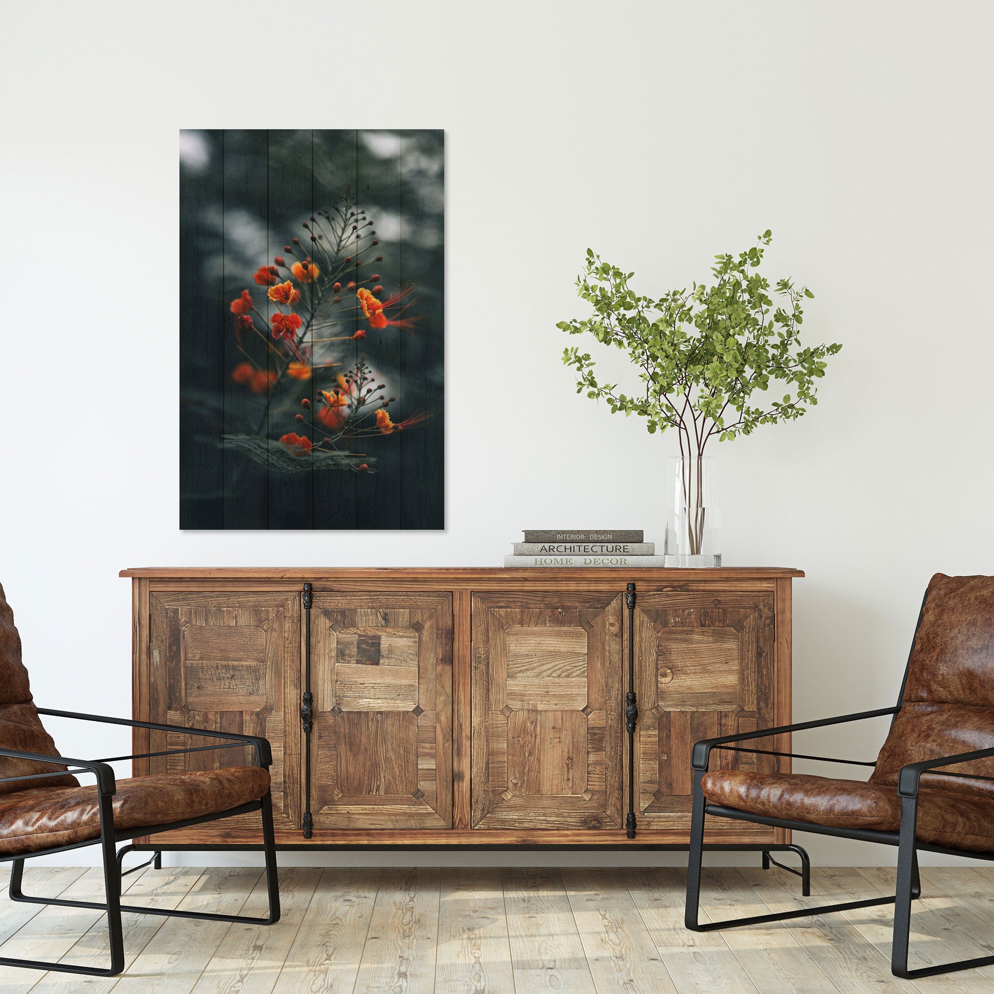 Obraz Dřevo Malé Oranžové Květiny-60x90 cm
