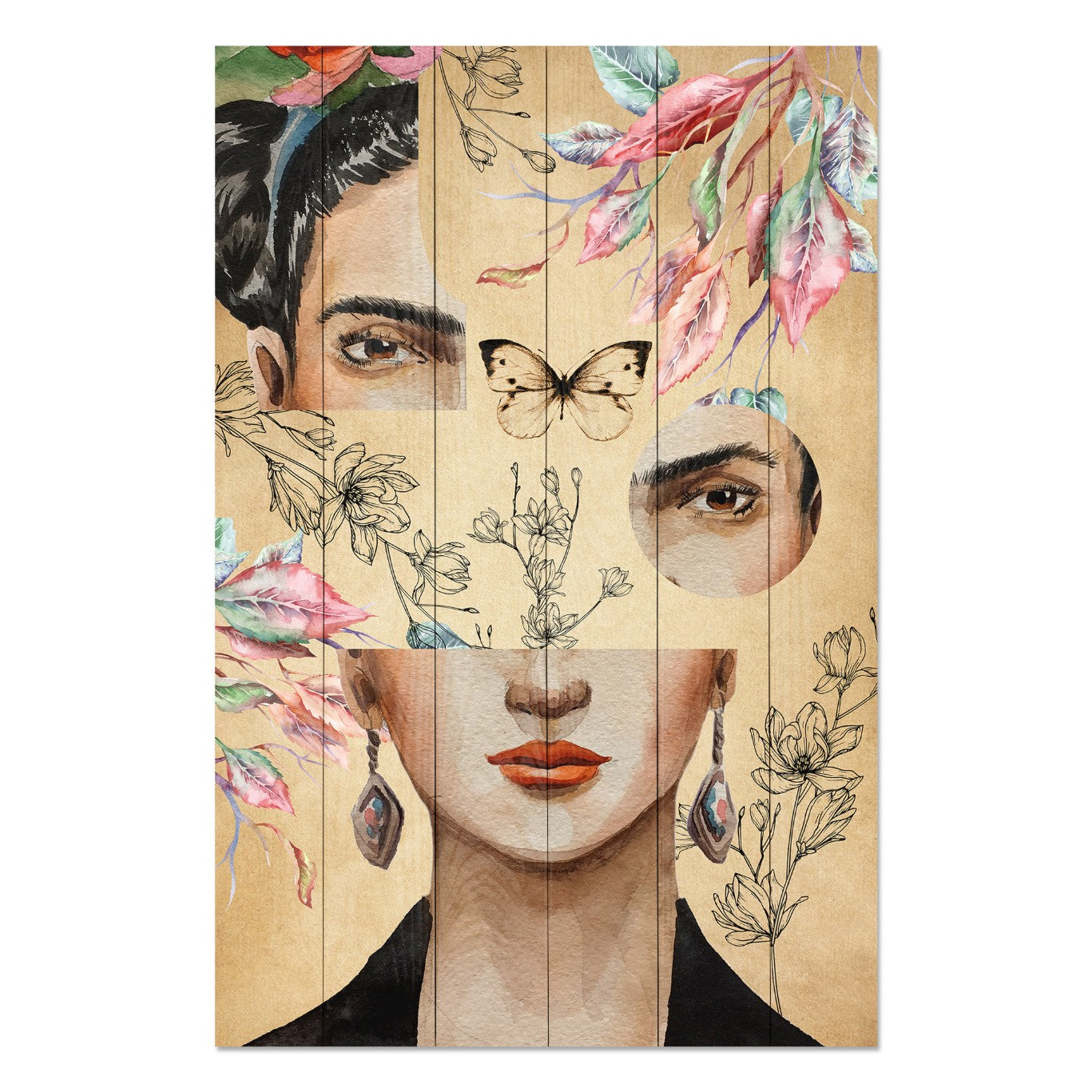 Obraz Wood Frida and Flower Collage-50x70 cm