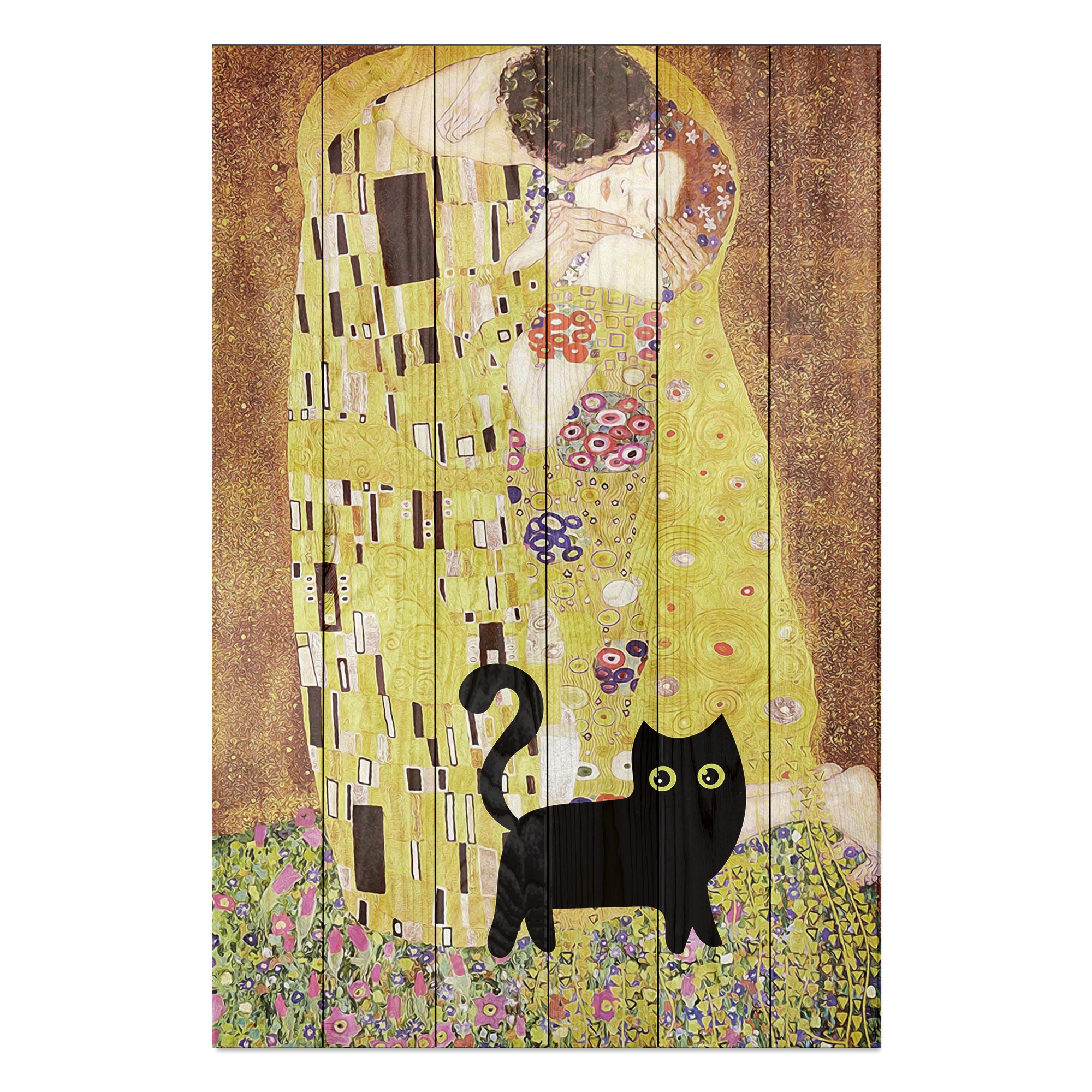 Wood Picture Klimt Kiss with Cat-50x70 cm