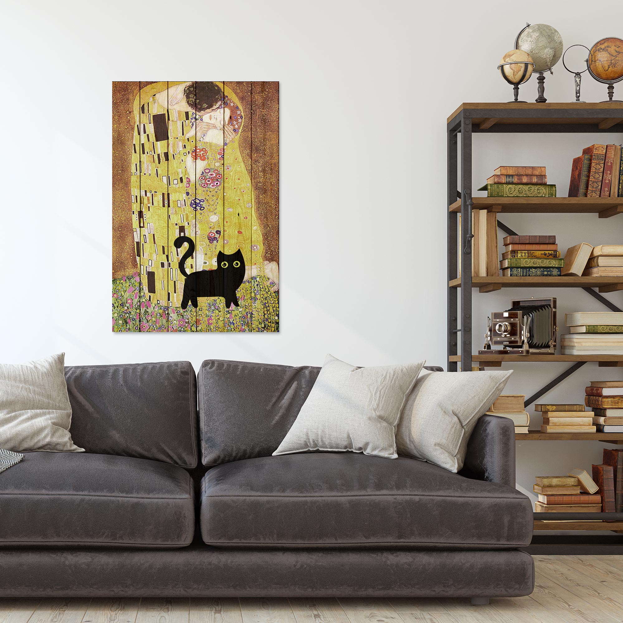 Wood Picture Klimt Kiss with Cat-40x60 cm