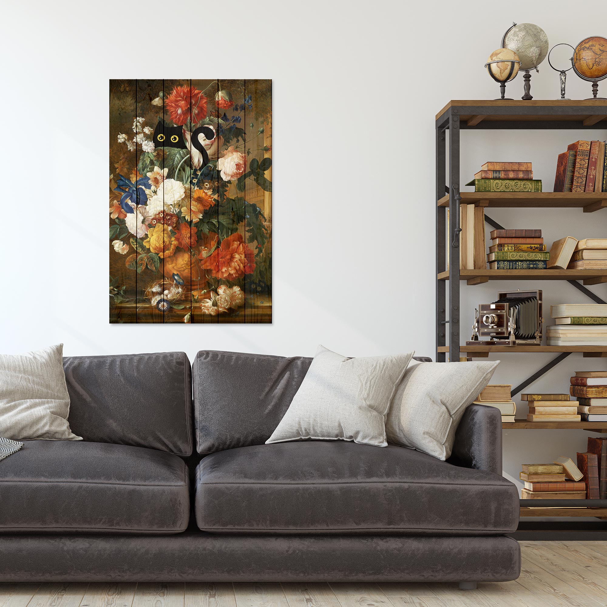 Bild Wood Blumiges Stillleben mit Katze