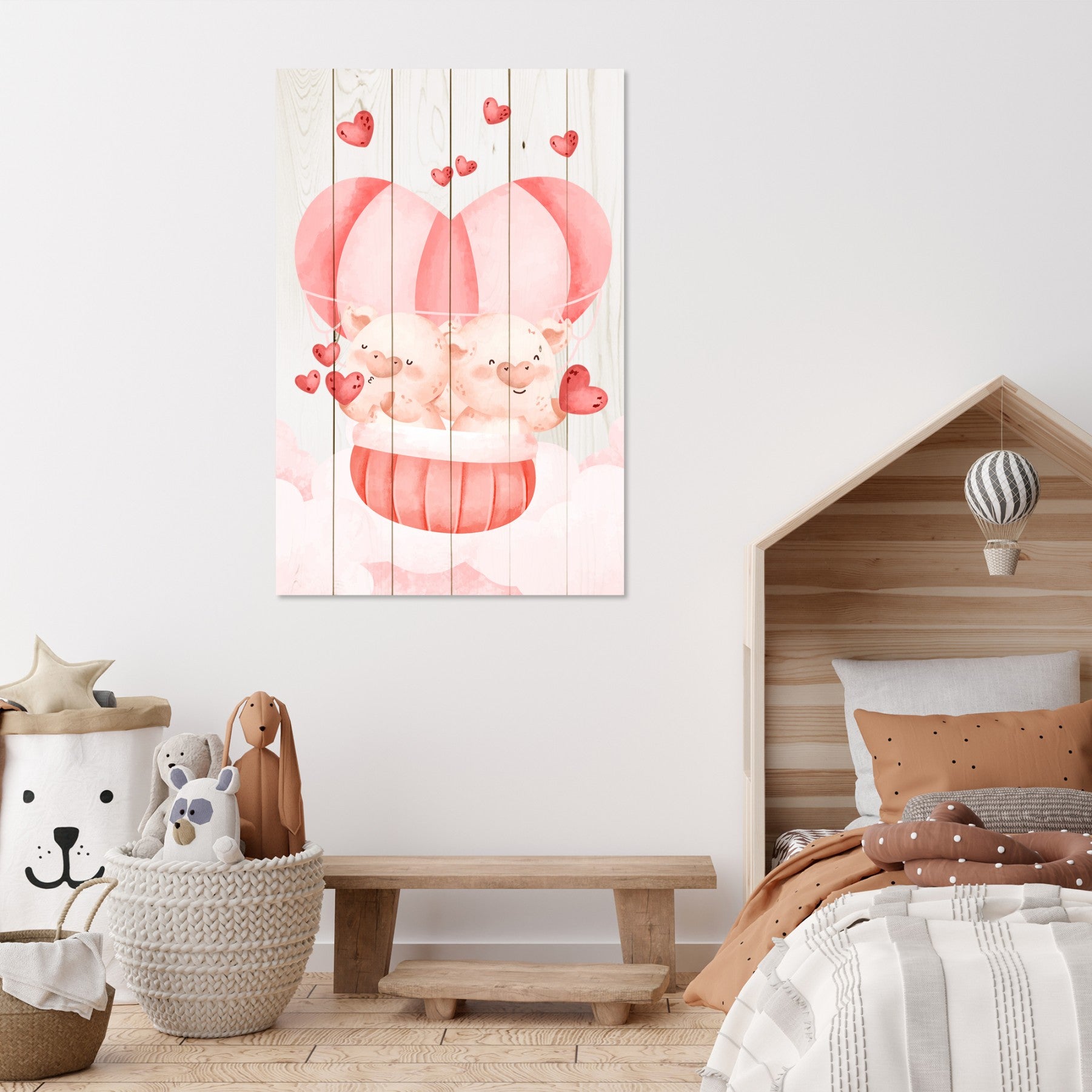 Bild Wood Pig Couple with Hearts-30x40 cm