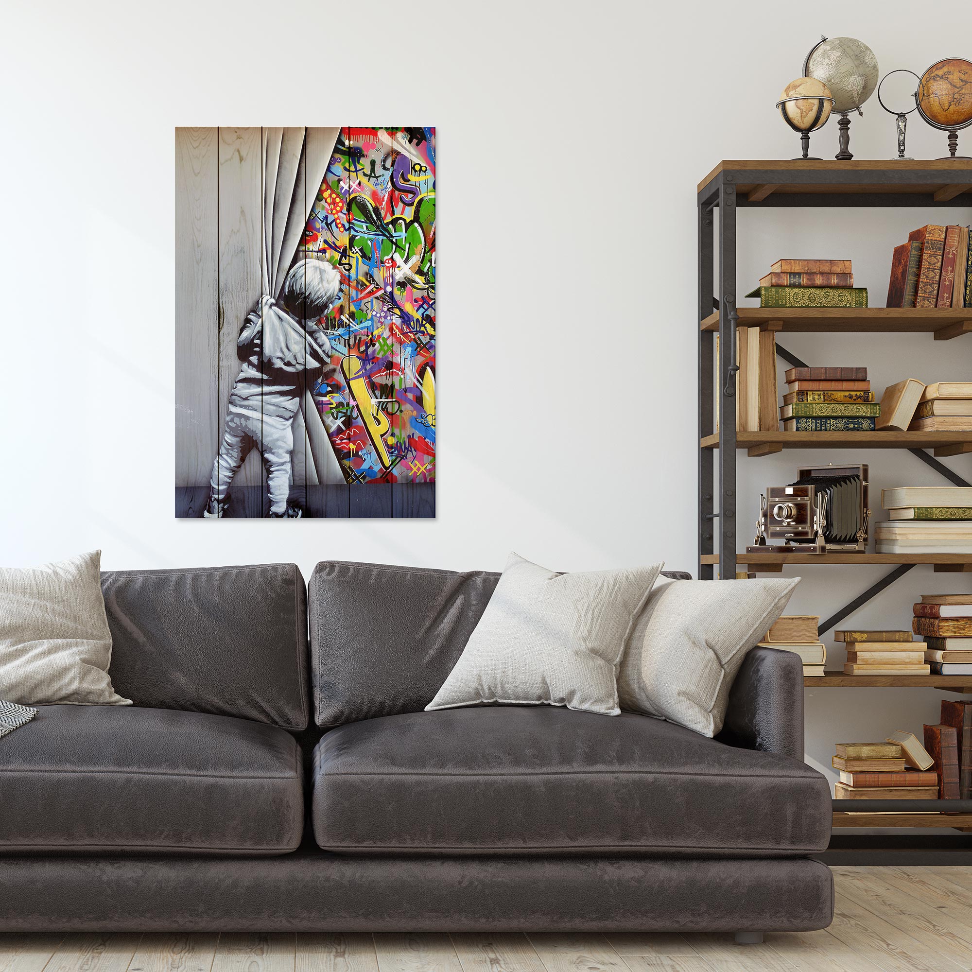 Wood Picture Behind the Curtains-40x60 cm