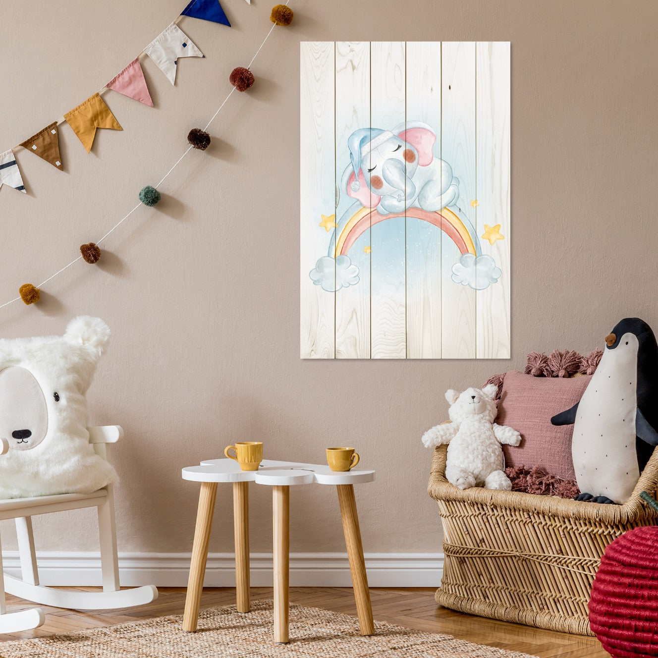 Obraz Wood Little Elephant on the Rainbow-30x40 cm