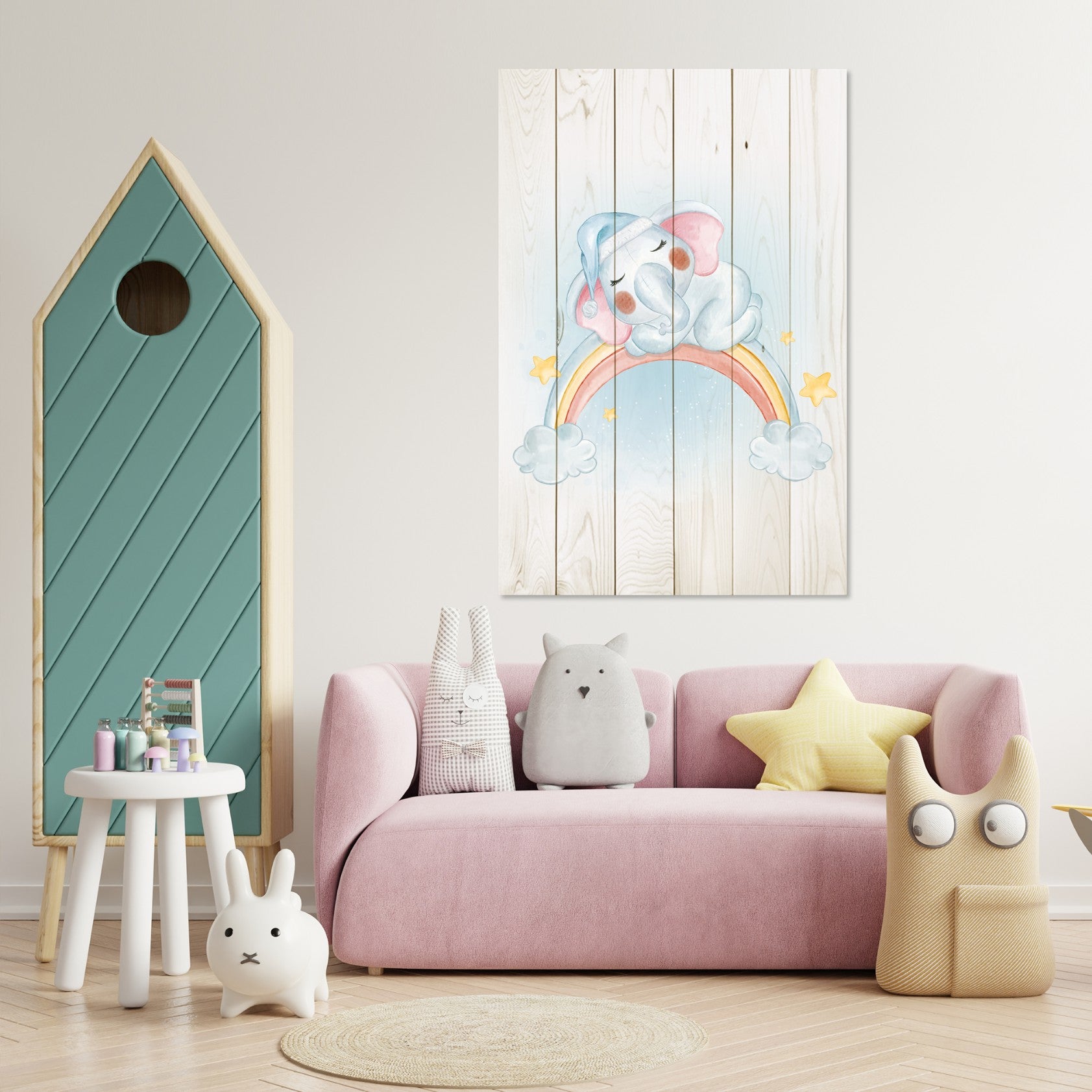 Obraz Wood Little Elephant on the Rainbow-30x40 cm