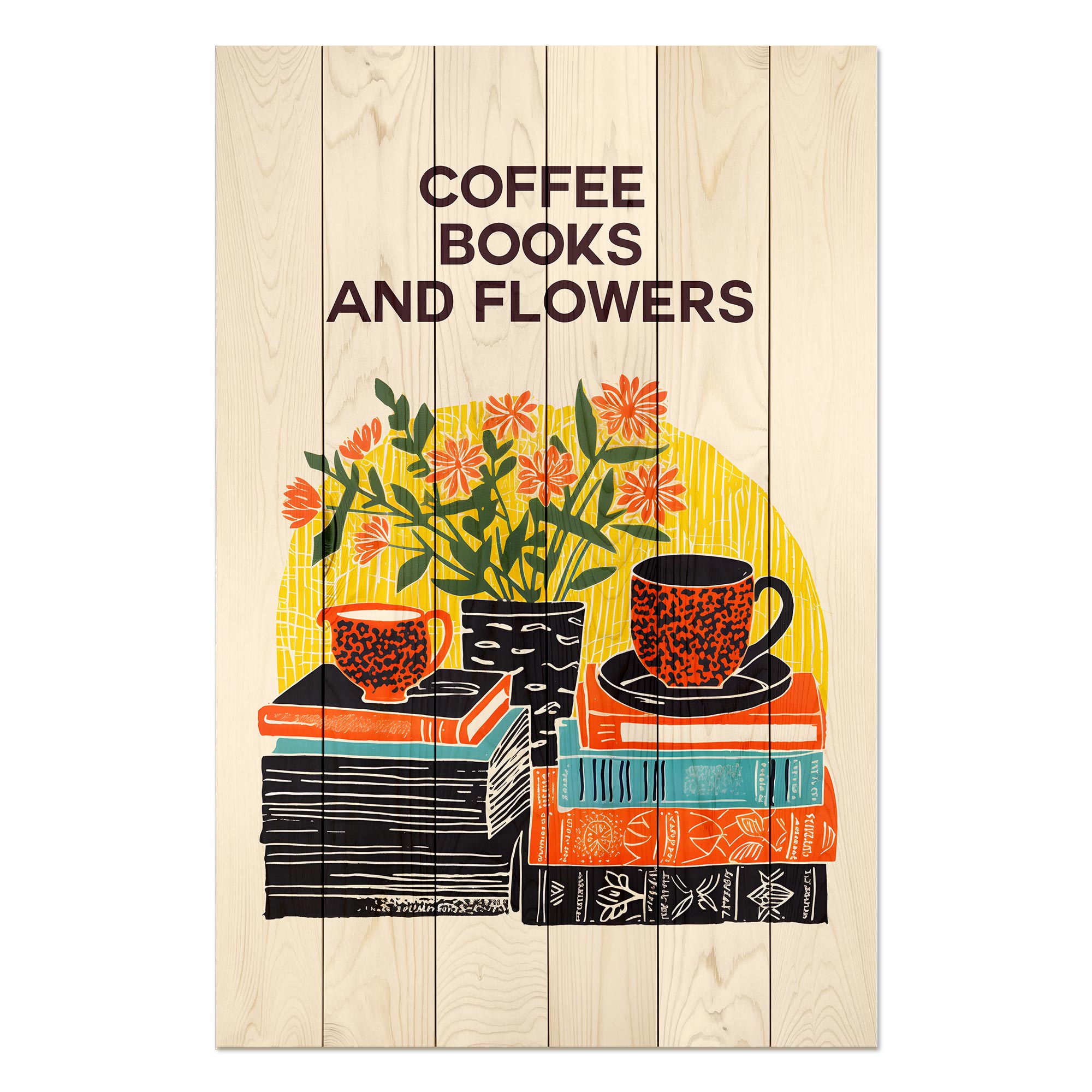 Bild Wood Kaffee Bücher Blumen-20x30 cm