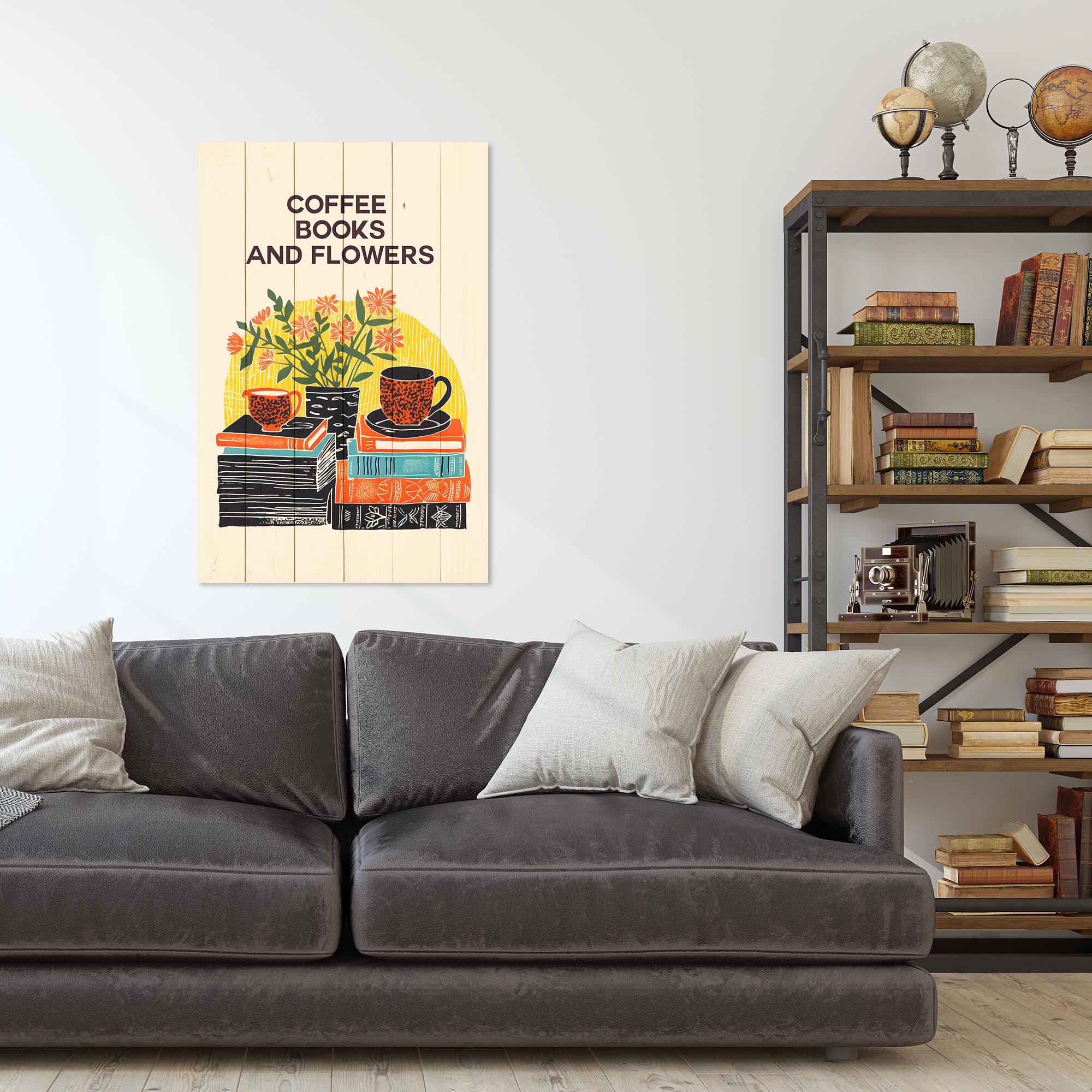 Bild Wood Kaffee Bücher Blumen-20x30 cm