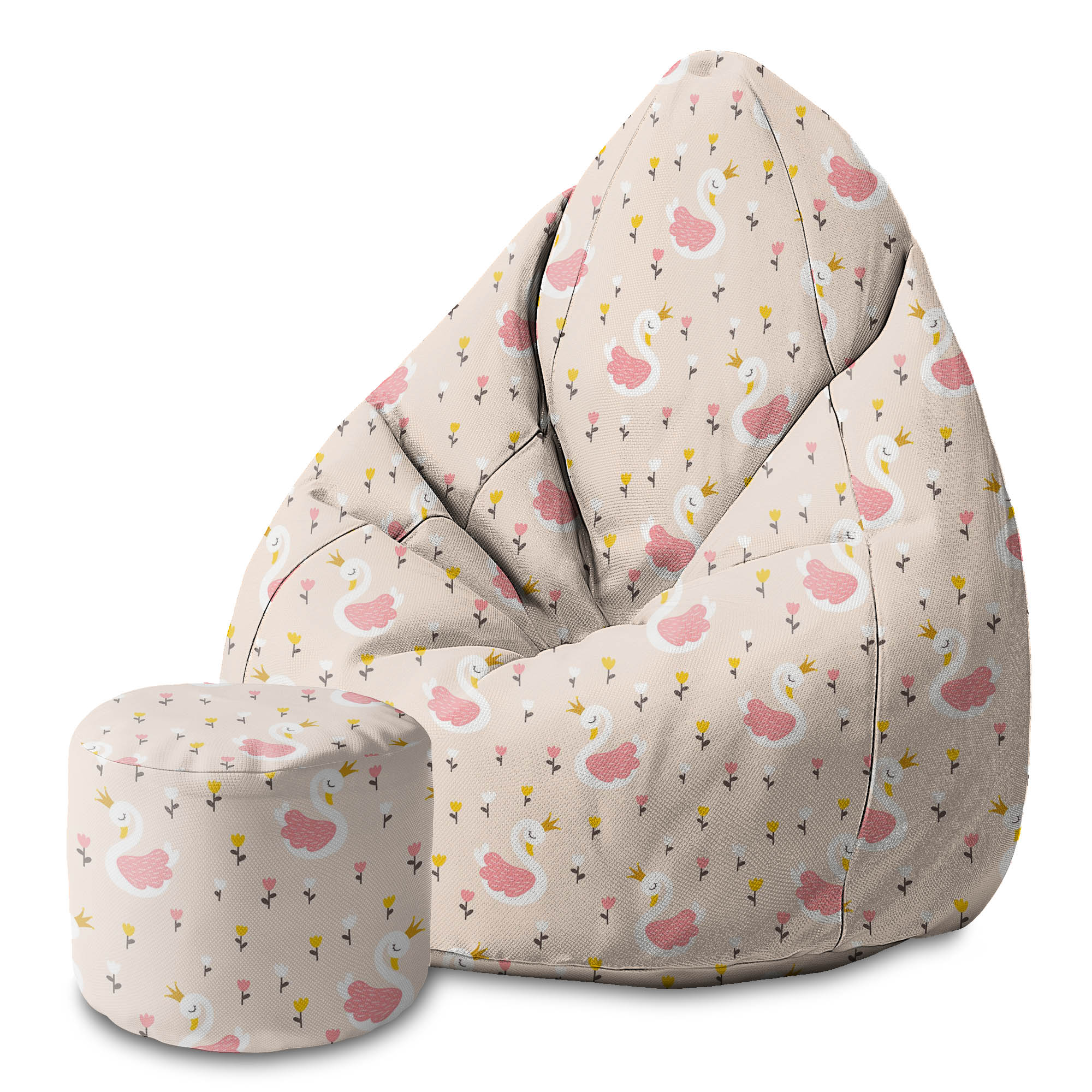 Round Pouf Footrest Swan with Tulip Flowers-Oxford