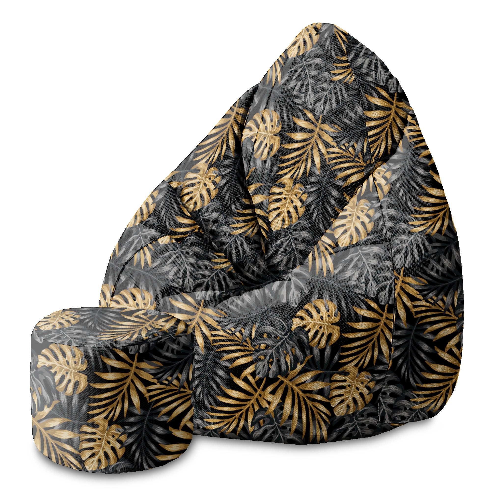Round Pouf Footstool Golden Tropical Leaves