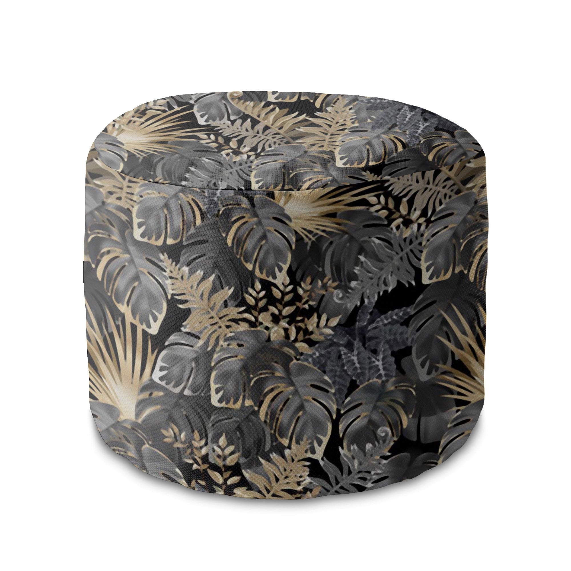 Round Pouf Footstool Dark Tropical Plants