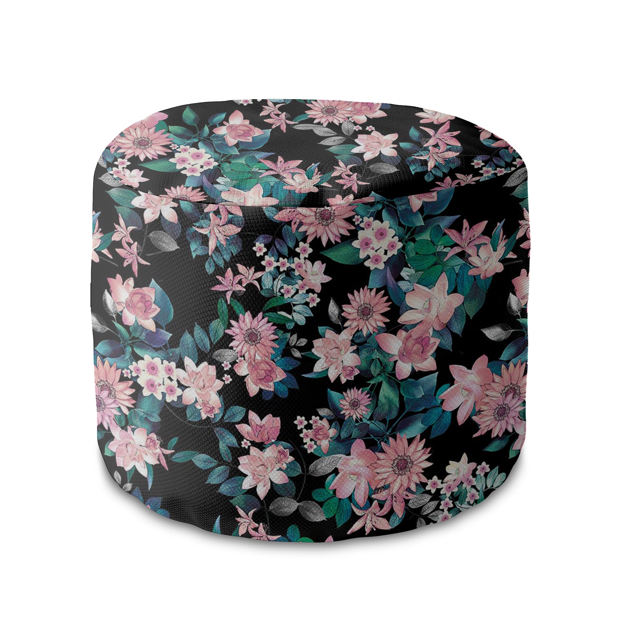 Round Pouf Footstool Dark Botanical Pink-Oxford