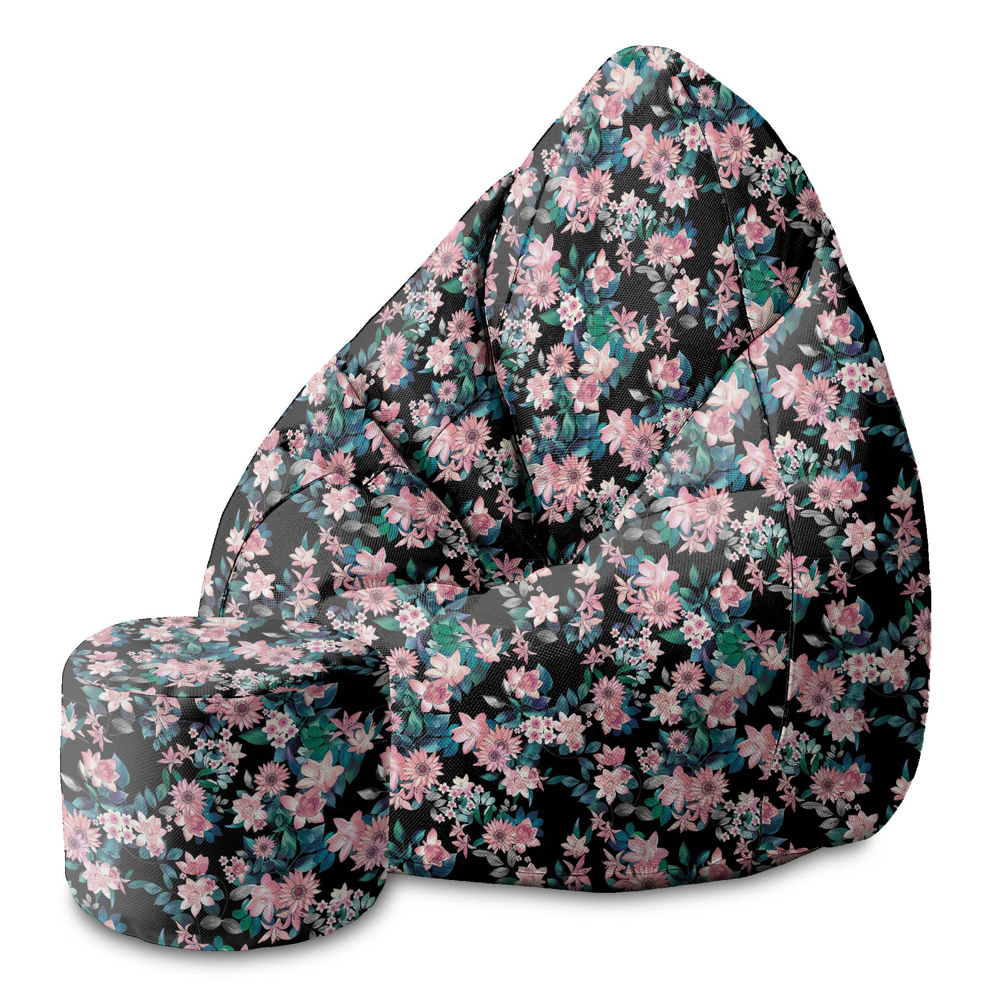 Round Pouf Footstool Dark Botanical Pink-Oxford