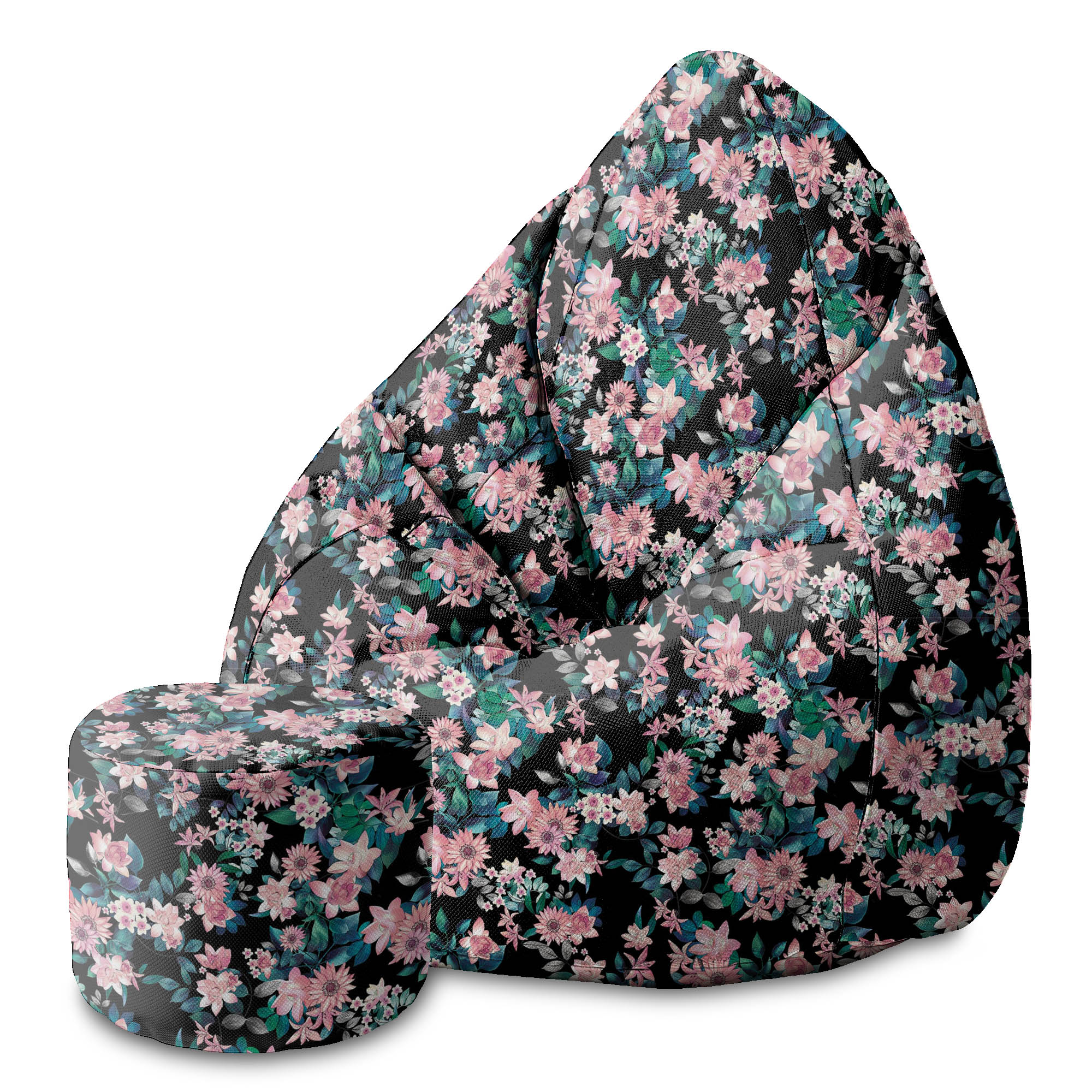 Round Pouf Footstool Dark Botanical Pink