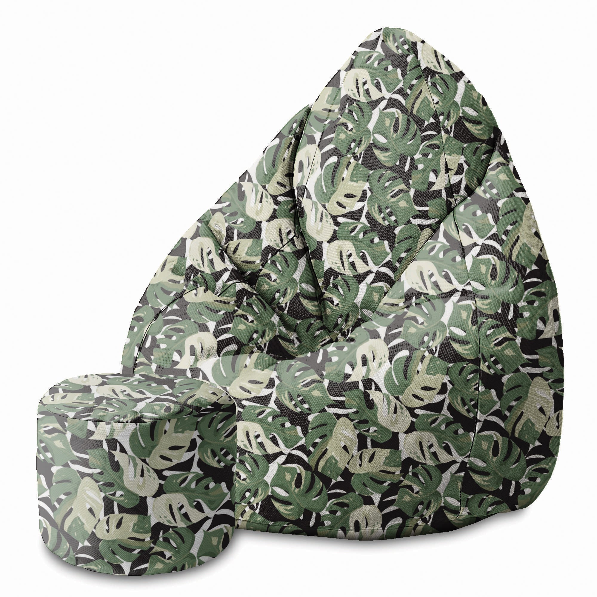 Round Pouf Footstool Green-Black Monstera