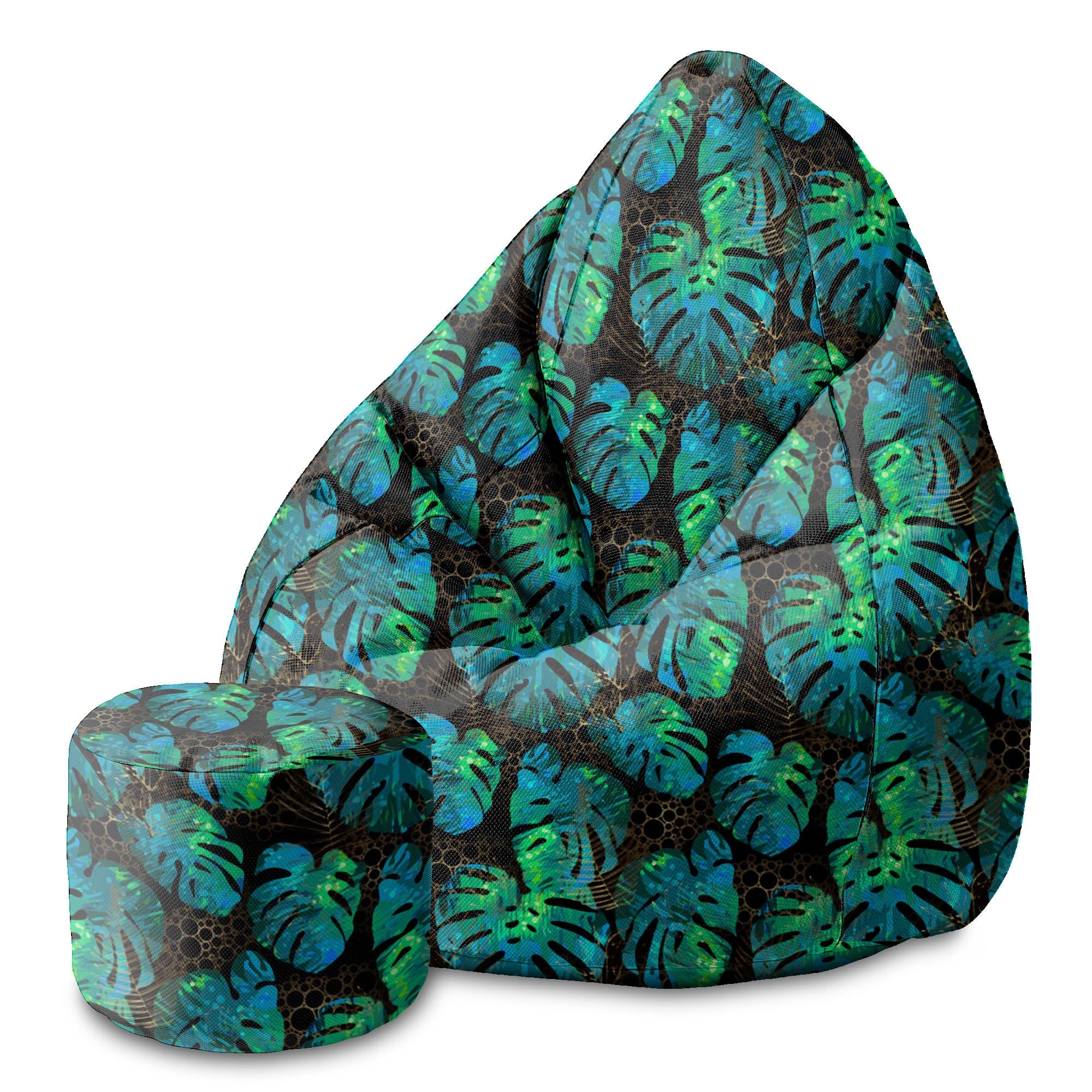 Round Pouf Footstool Sea Green Monstera
