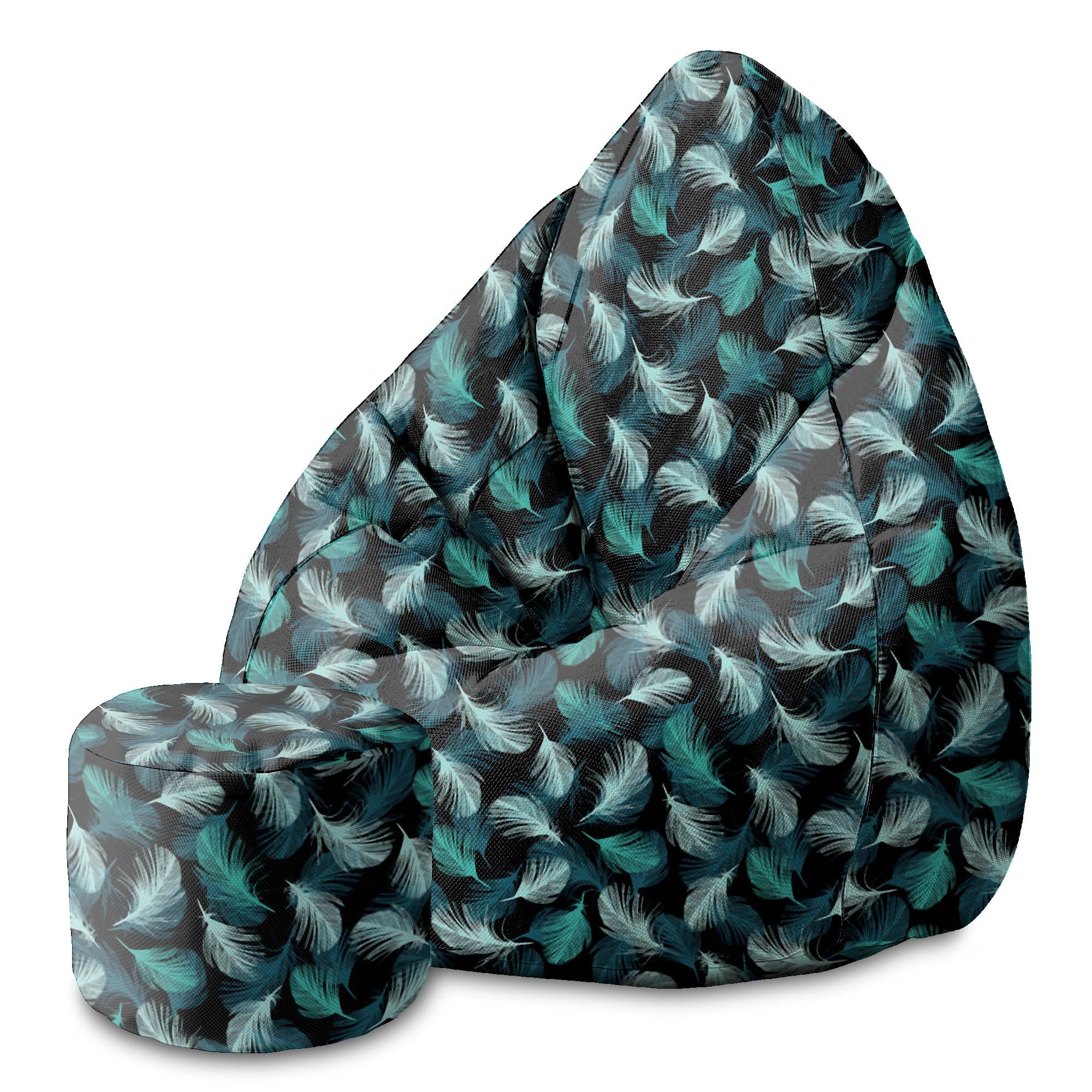 Round Pouf Footstool Turquoise Feathers