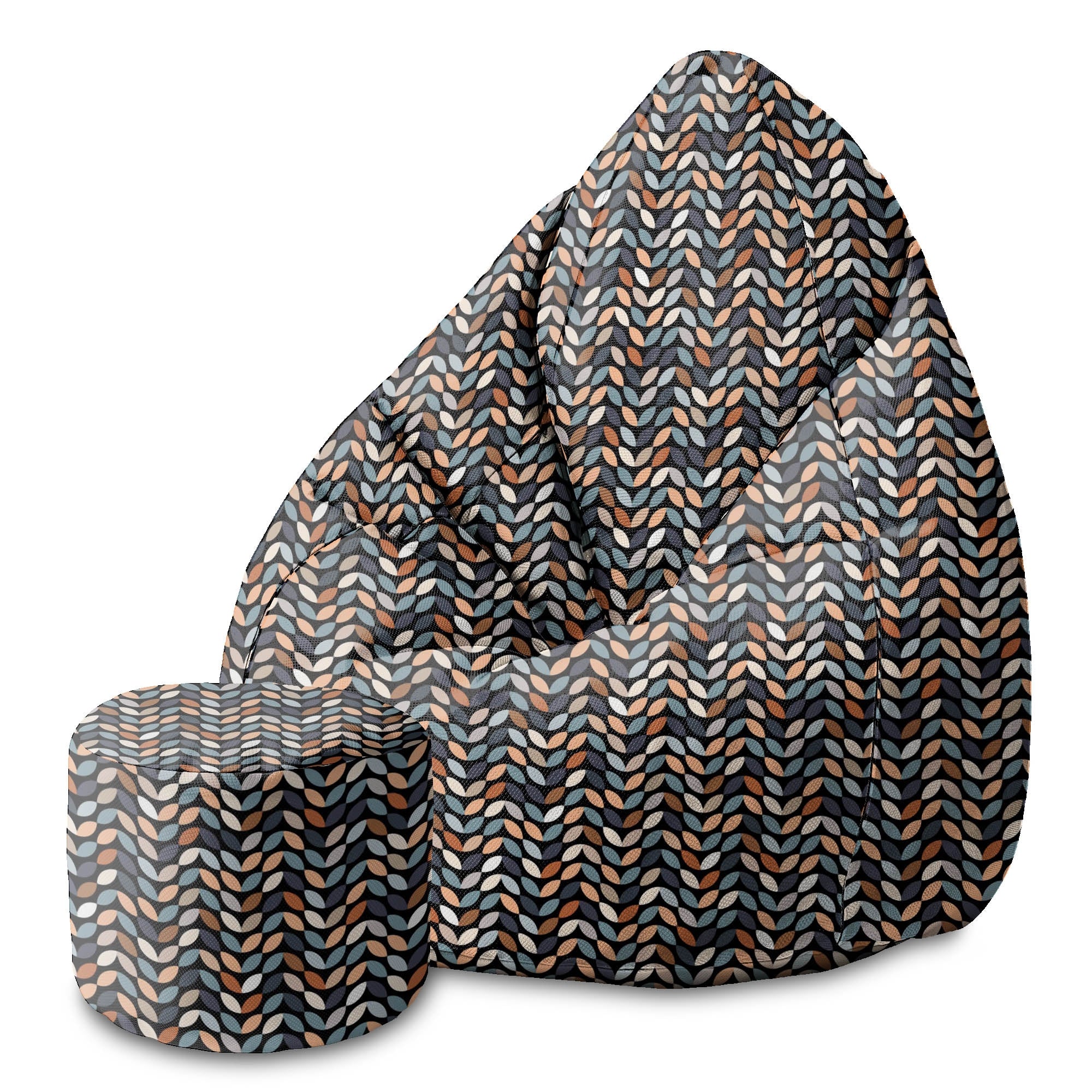 Round Pouf Footstool Retro Black Leaves-Oxford