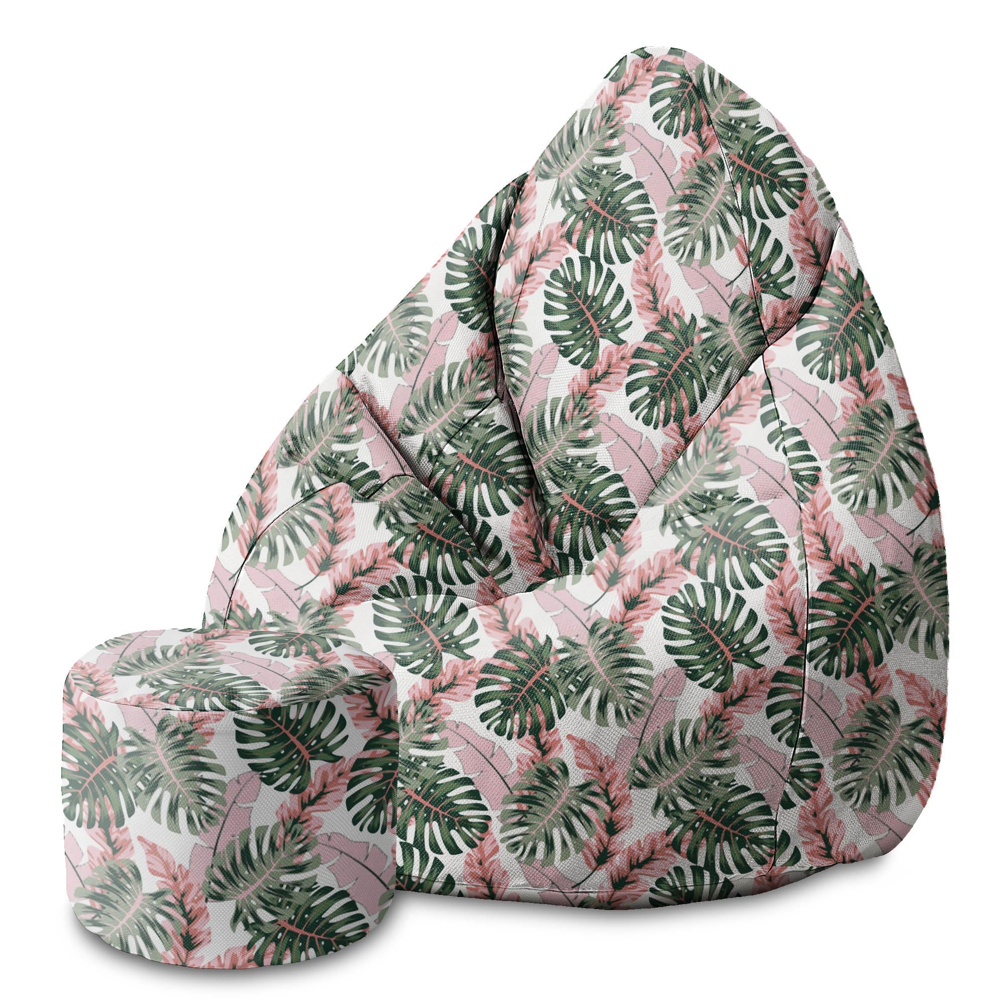 Round Pouf Footrest Tropical Pink and Green Leaves
