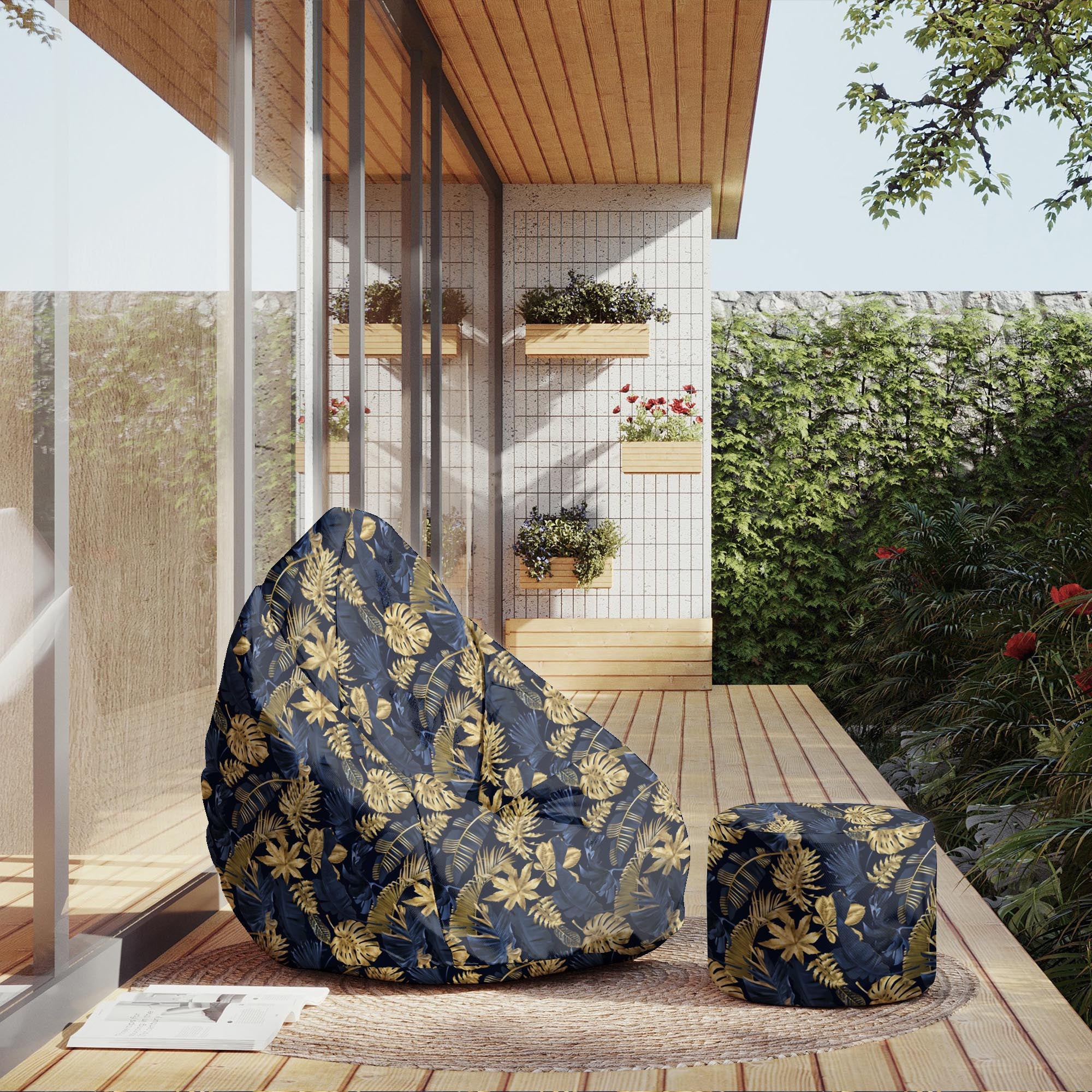 Okrúhly puf podnožka Monstera Gold Navy Blue