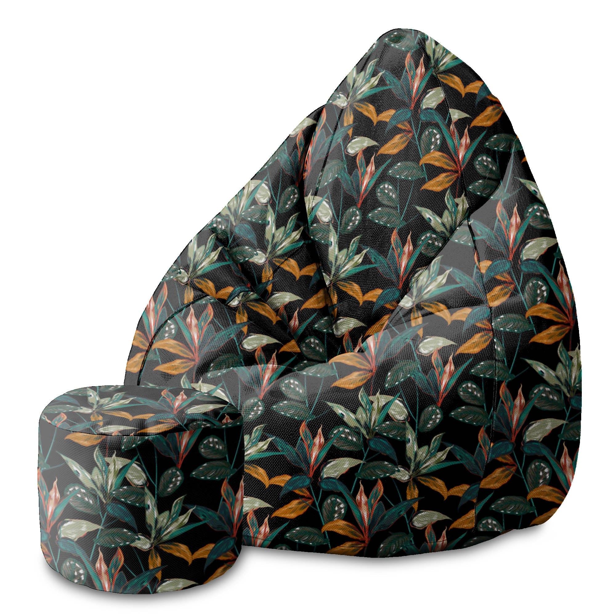 Round Pouf Footstool Black Tropical Forest
