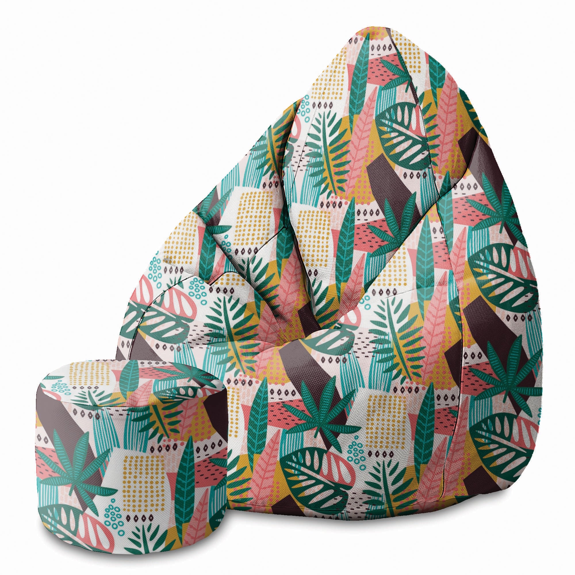Round Pouf Footstool Abstract Monstera-Oxford