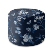 Round Pouf Footstool Blue Botanical