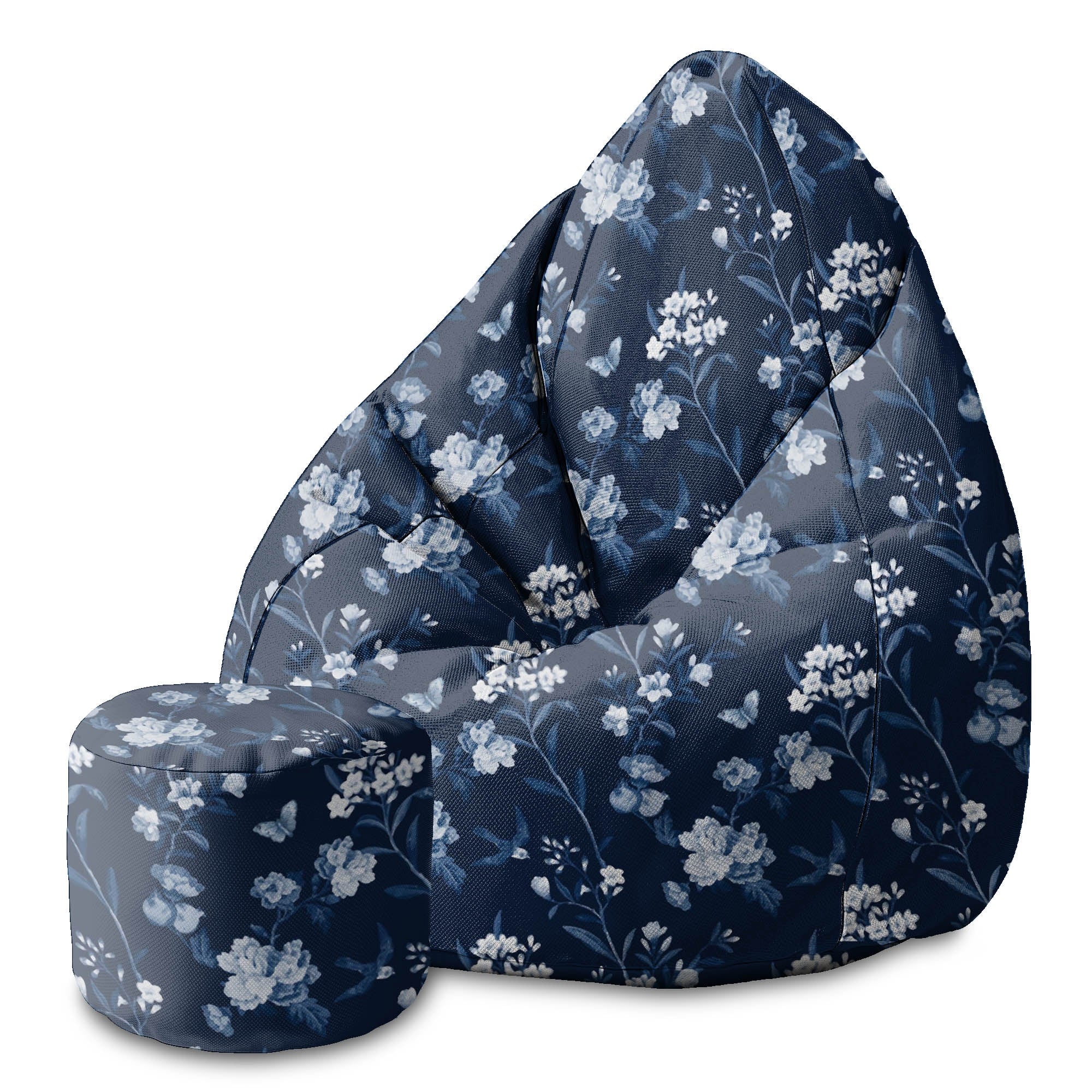 Round Pouf Footstool Blue Botanical-Panama