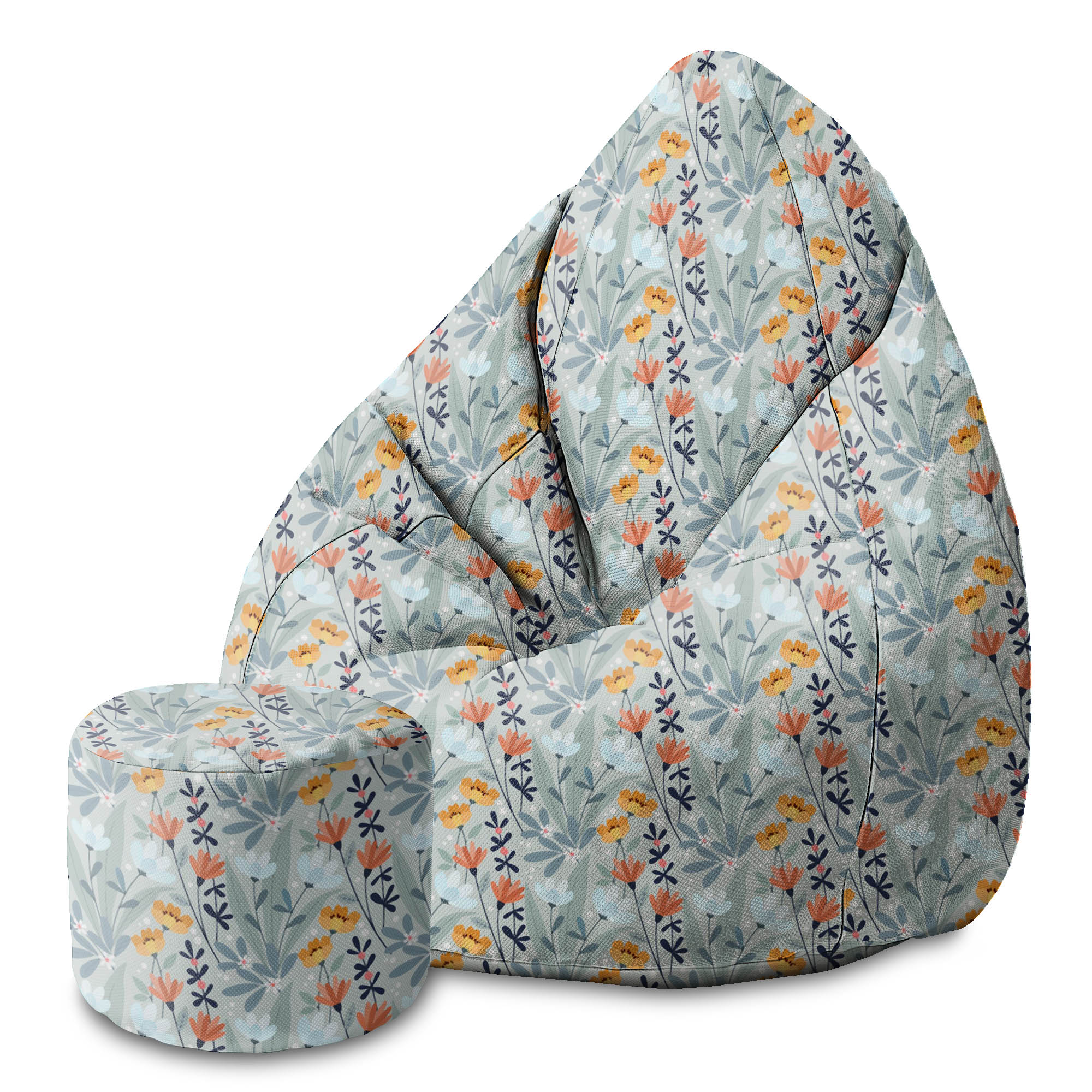 Round Pouf Footstool Handdrawn Flowers-Panama
