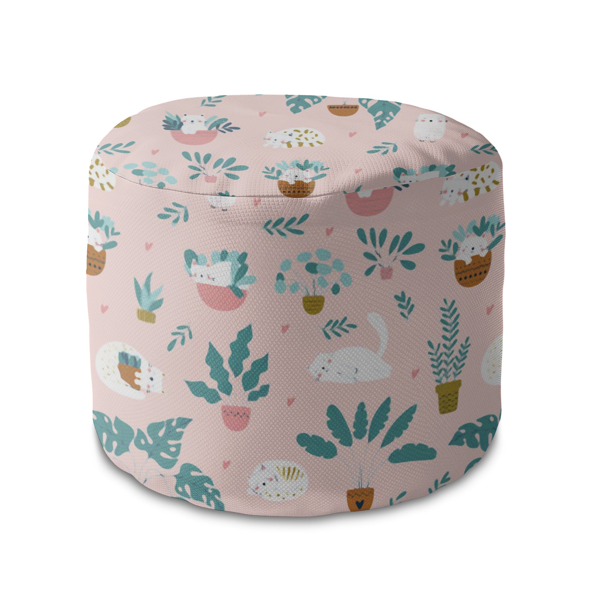 Round Pouf Footrest Cat and Plants