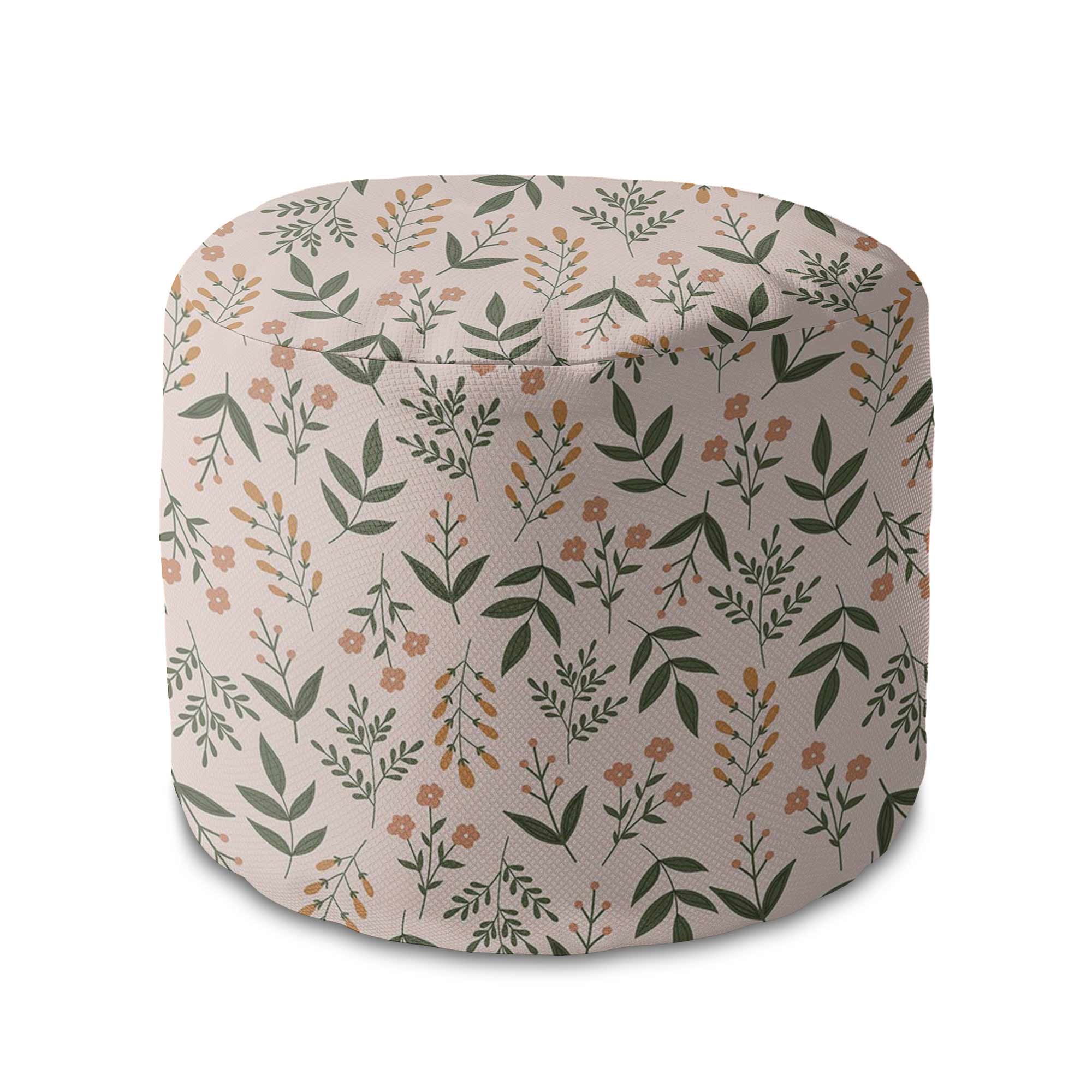Round Pouf Footstool Botanical Beige Pattern