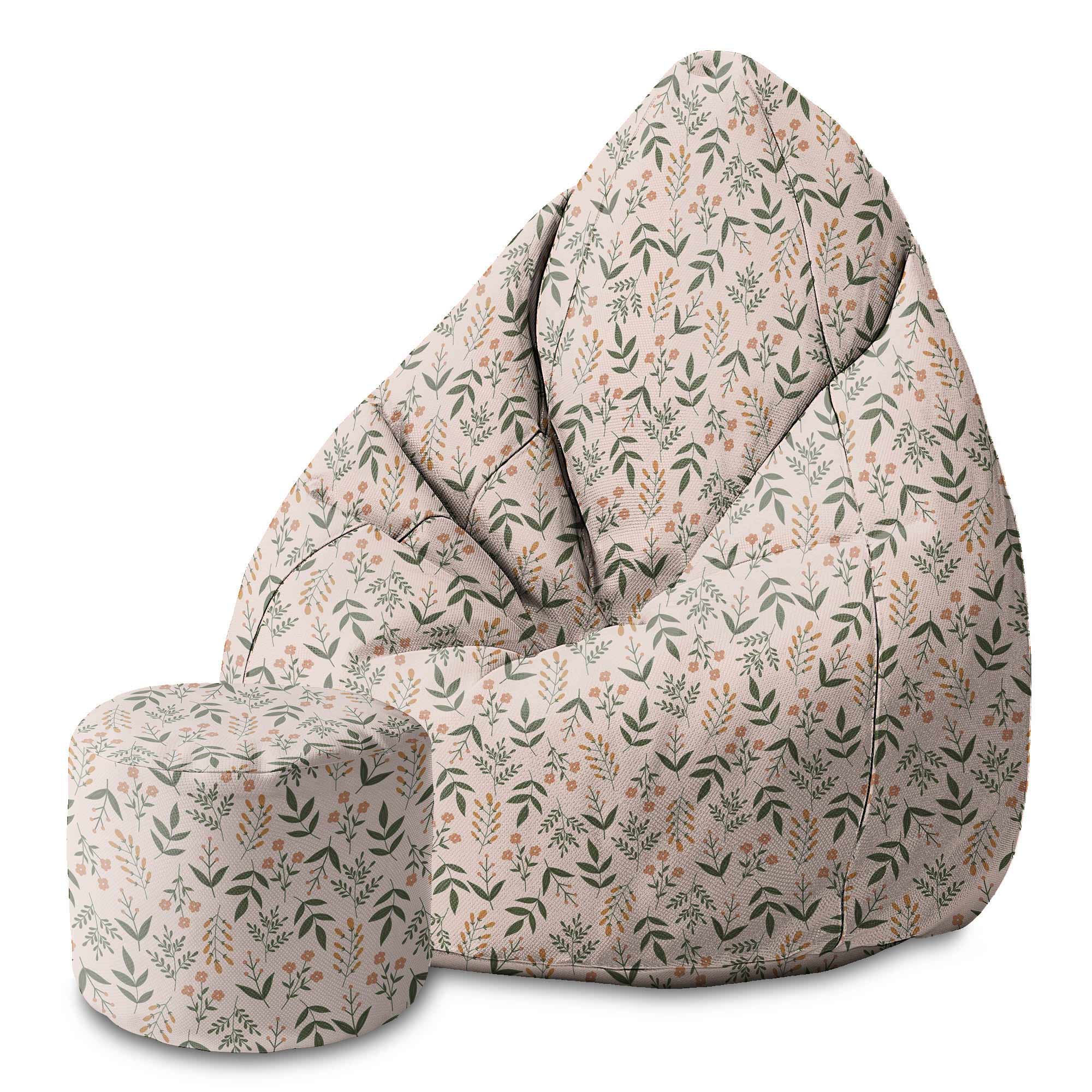 Round Pouf Footstool Botanical Beige Pattern