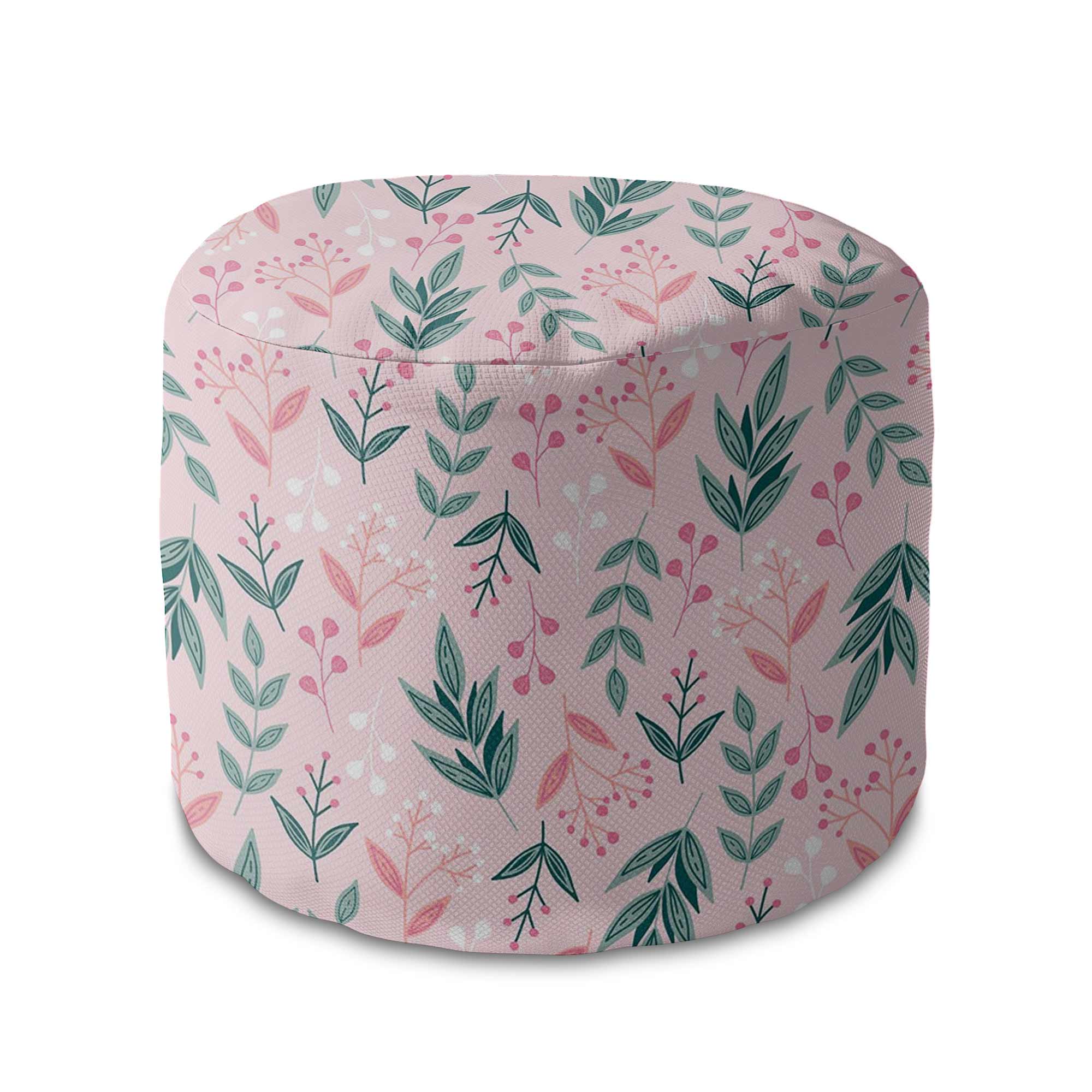 Round Pouf Footstool Sweet Leaves Pattern-Velvet