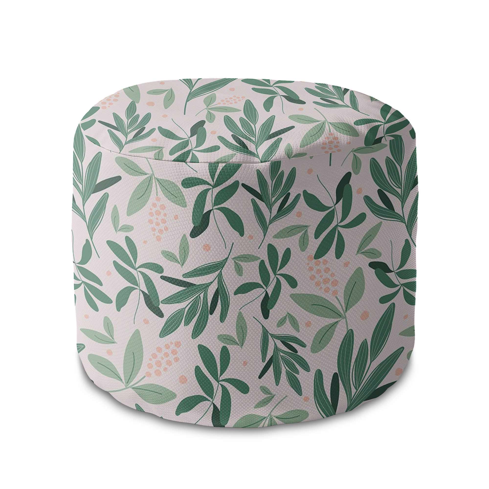 Round Pouf Footstool Olive Leaves on Pink