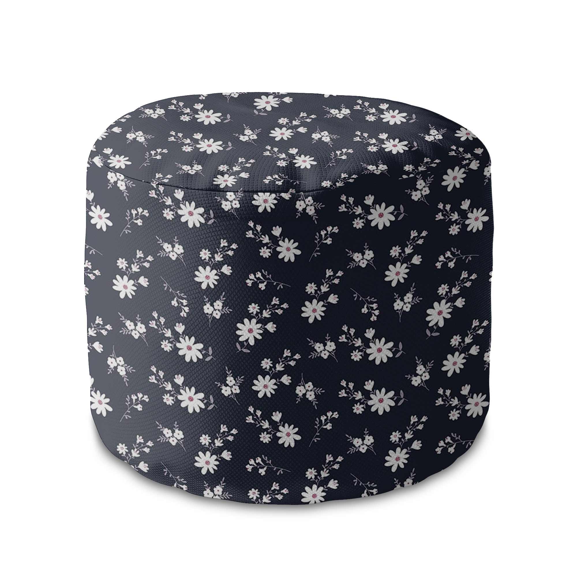 Round Pouf Footstool Small Flowers on Dark-Velvet