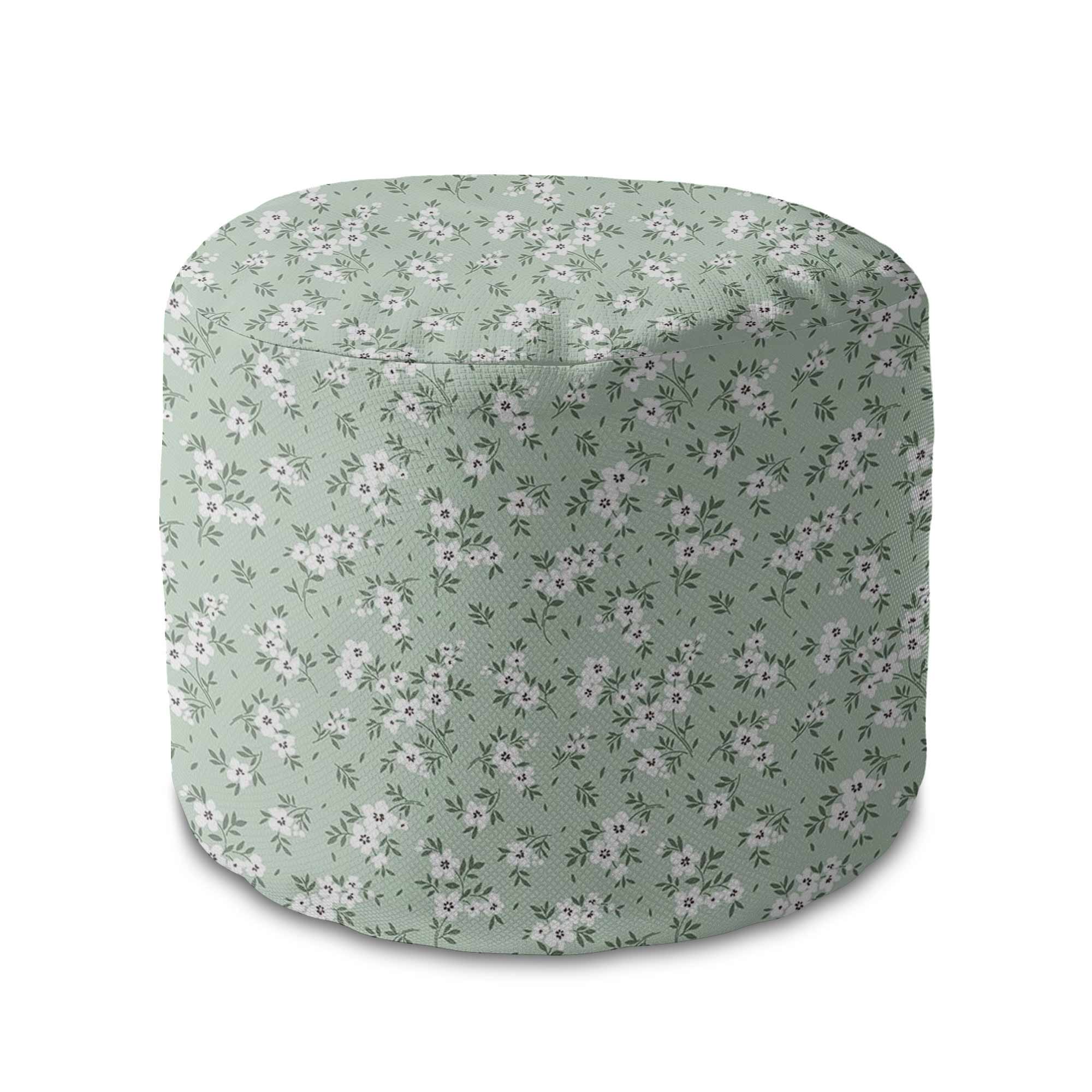 Round pouf footstool Tiny White Flowers Meadow-Velvet