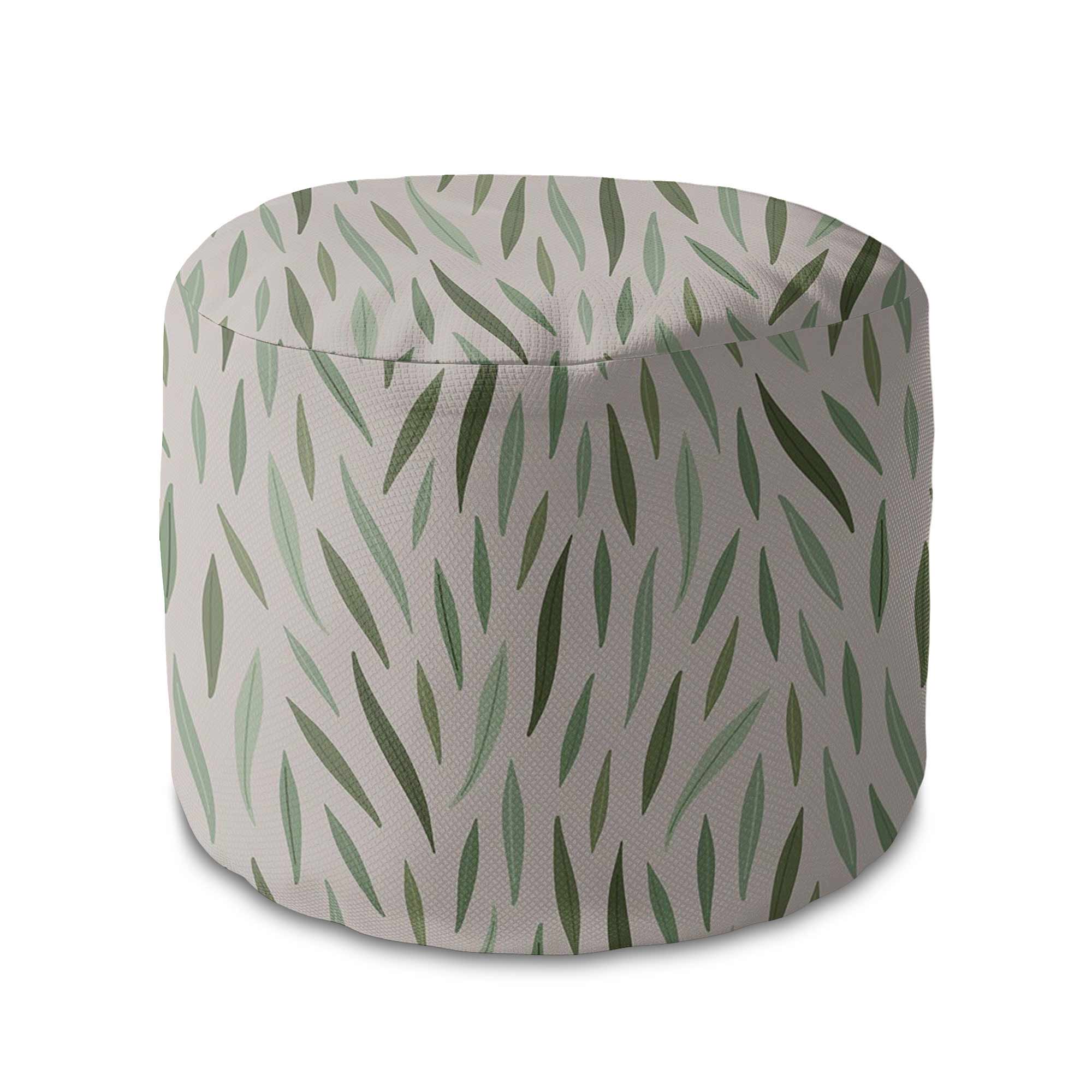 Round Pouf Footstool Green Leaves Pattern